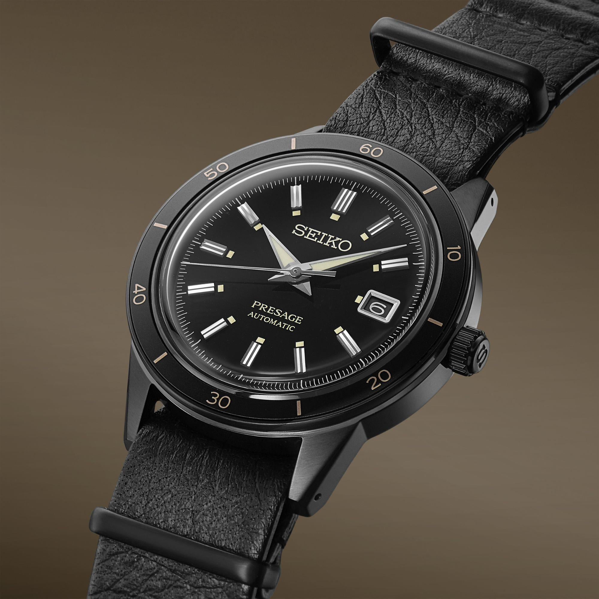 Seiko Presage Style 60's Automatik Schwarzes Zifferblatt Schwarzes Lederarmband Herren Uhr SRPH95J1