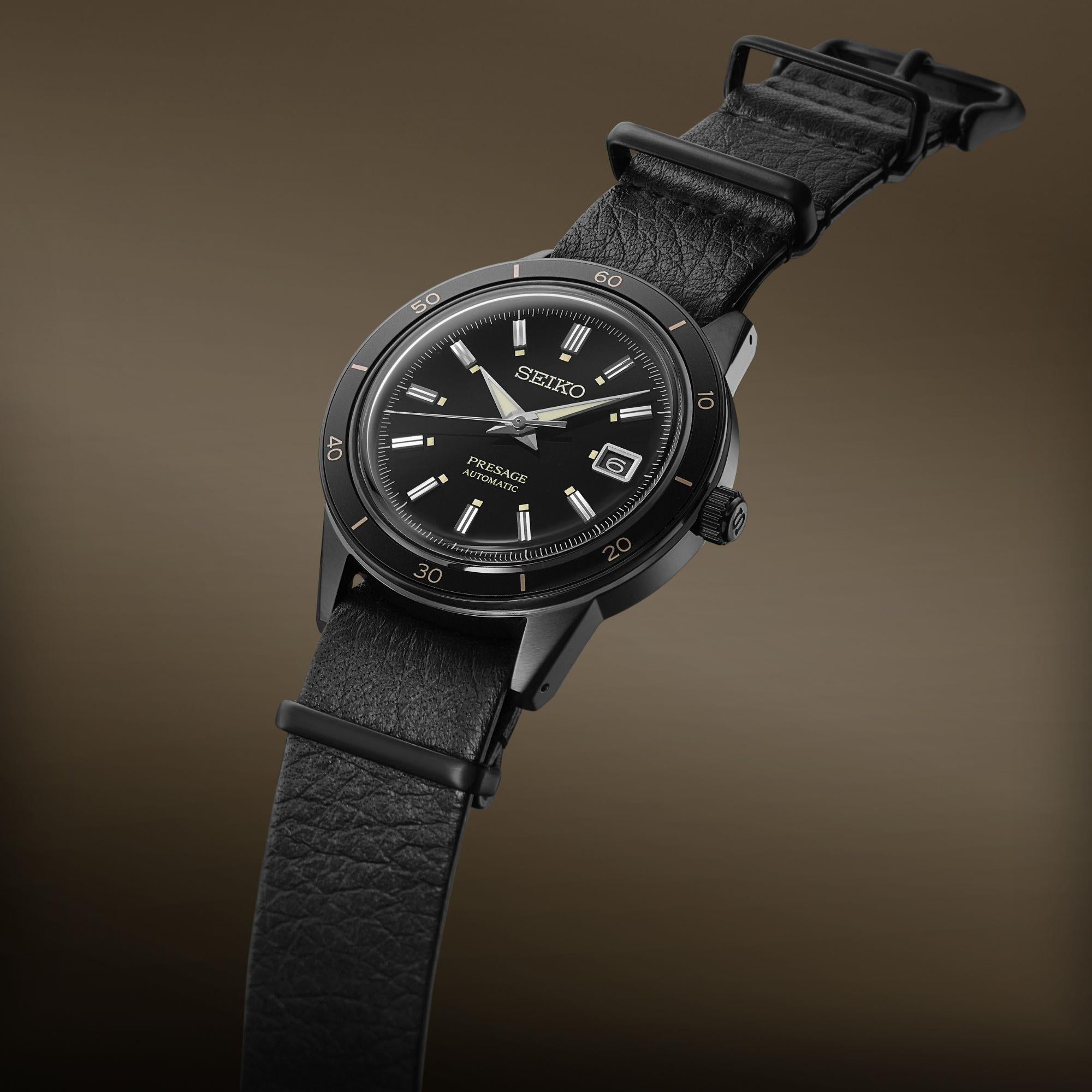 Seiko Presage Style 60's Automatik Schwarzes Zifferblatt Schwarzes Lederarmband Herren Uhr SRPH95J1