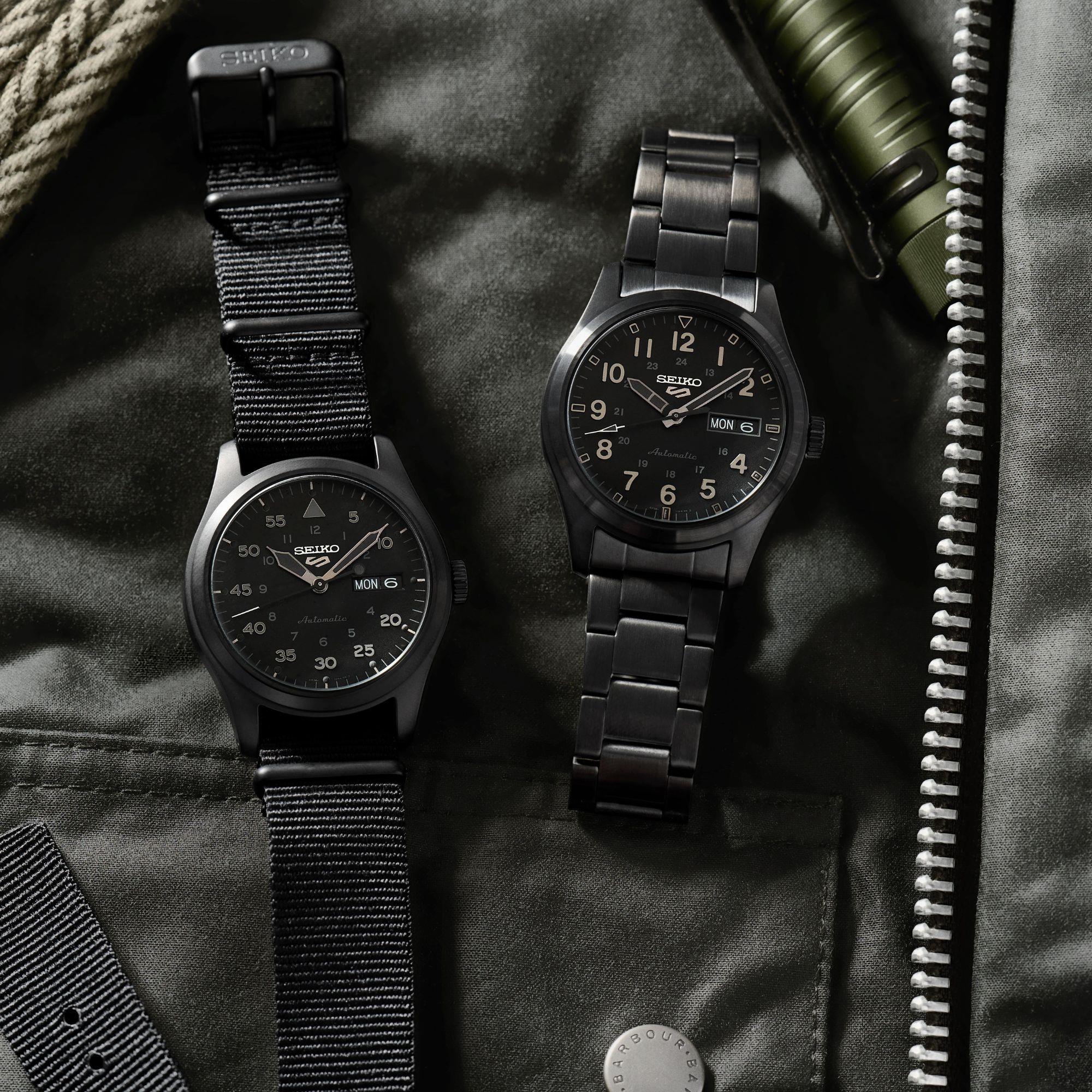 Seiko 5 Sports Field Militär 'Stealth' Automatik Schwarzes Zifferblatt Schwarze PVD Herren Uhr SRPJ09K1