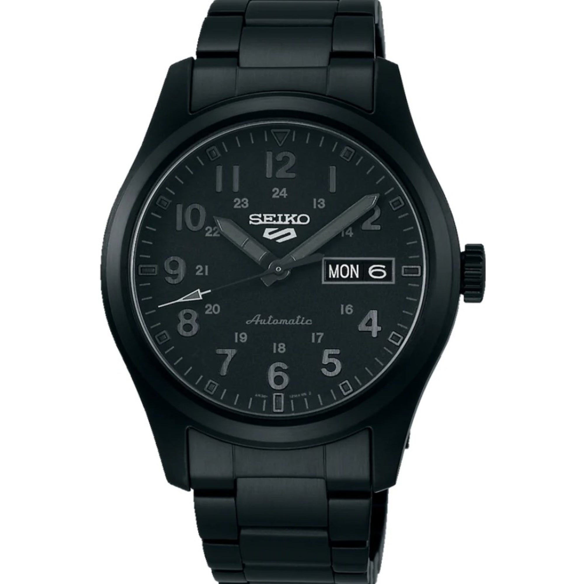 Seiko 5 Sports Field Militär 'Stealth' Automatik Schwarzes Zifferblatt Schwarze PVD Herren Uhr SRPJ09K1