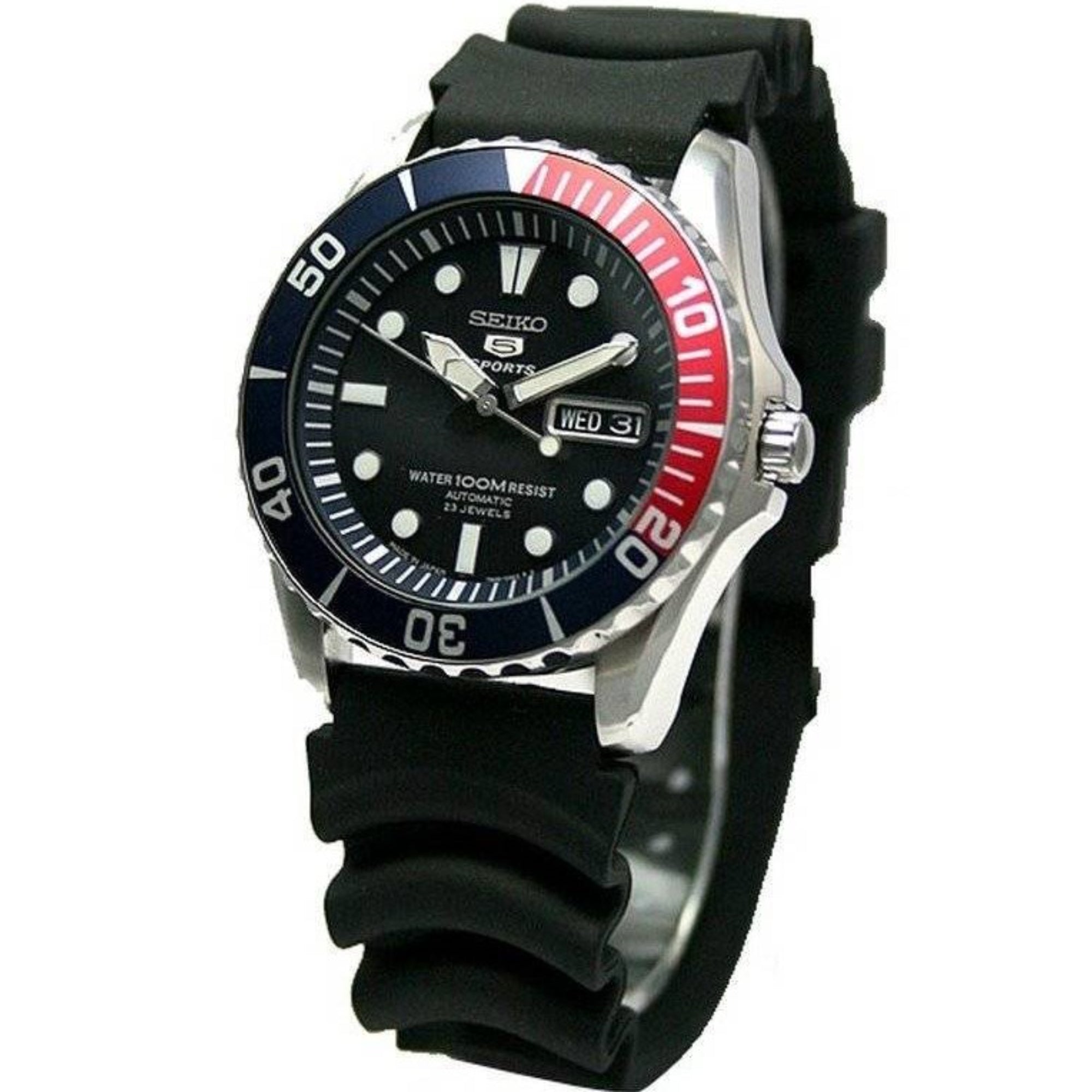 Seiko 5 Sports Automatik Blau Zifferblatt Schwarzes Gummiarmband Herren Uhr SNZF15K2