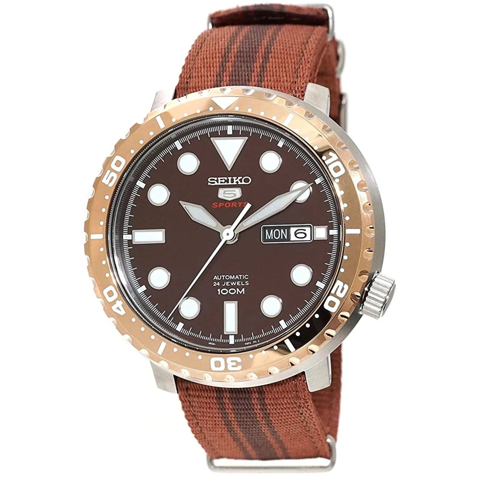 Seiko 5 Sports Flaschenverschluss Root Beer Automatik Braunes Zifferblatt Braunes Nylonarmband Herren Uhr SRPC68K1