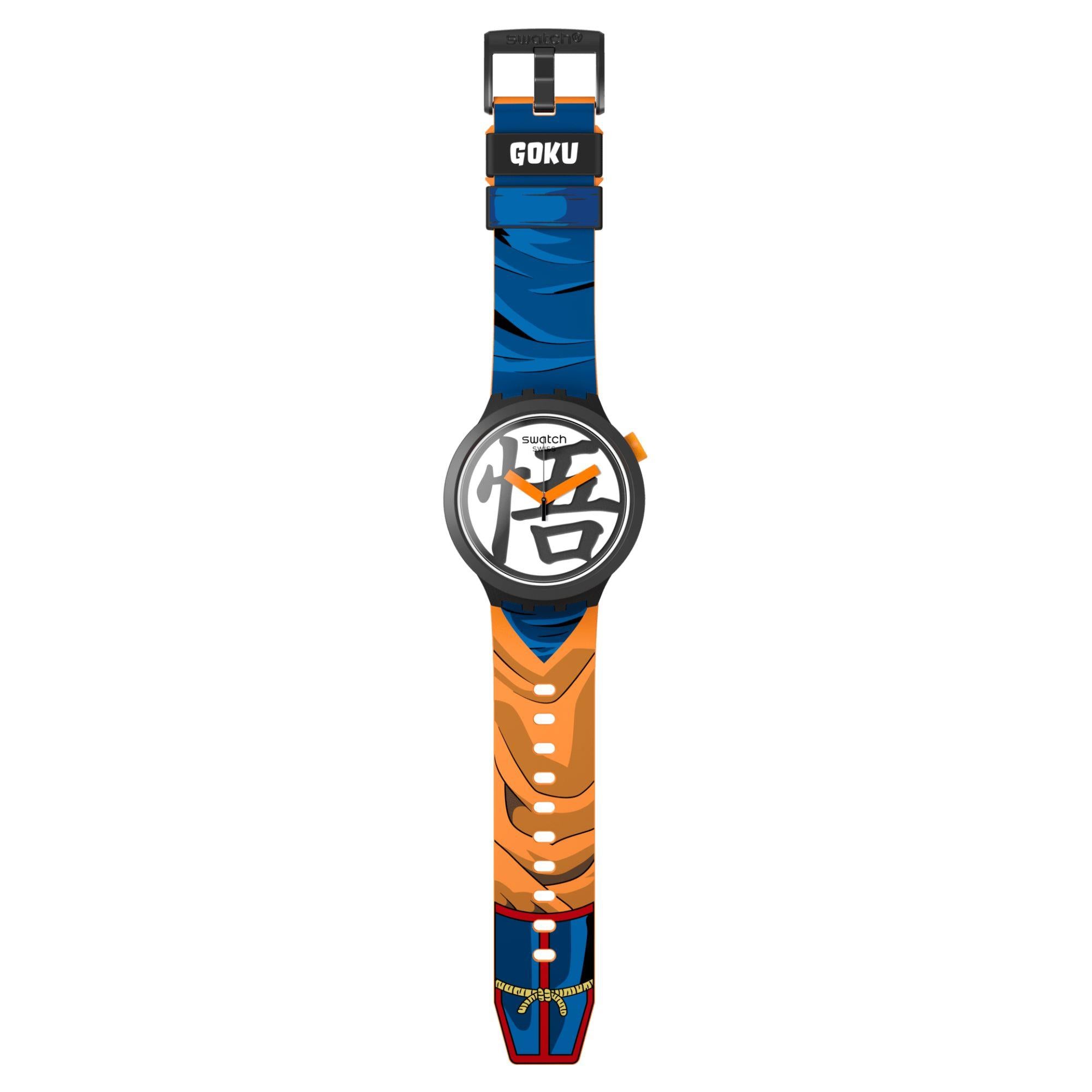 Wristwatch with blue and orange strap featuring a character design on a white background