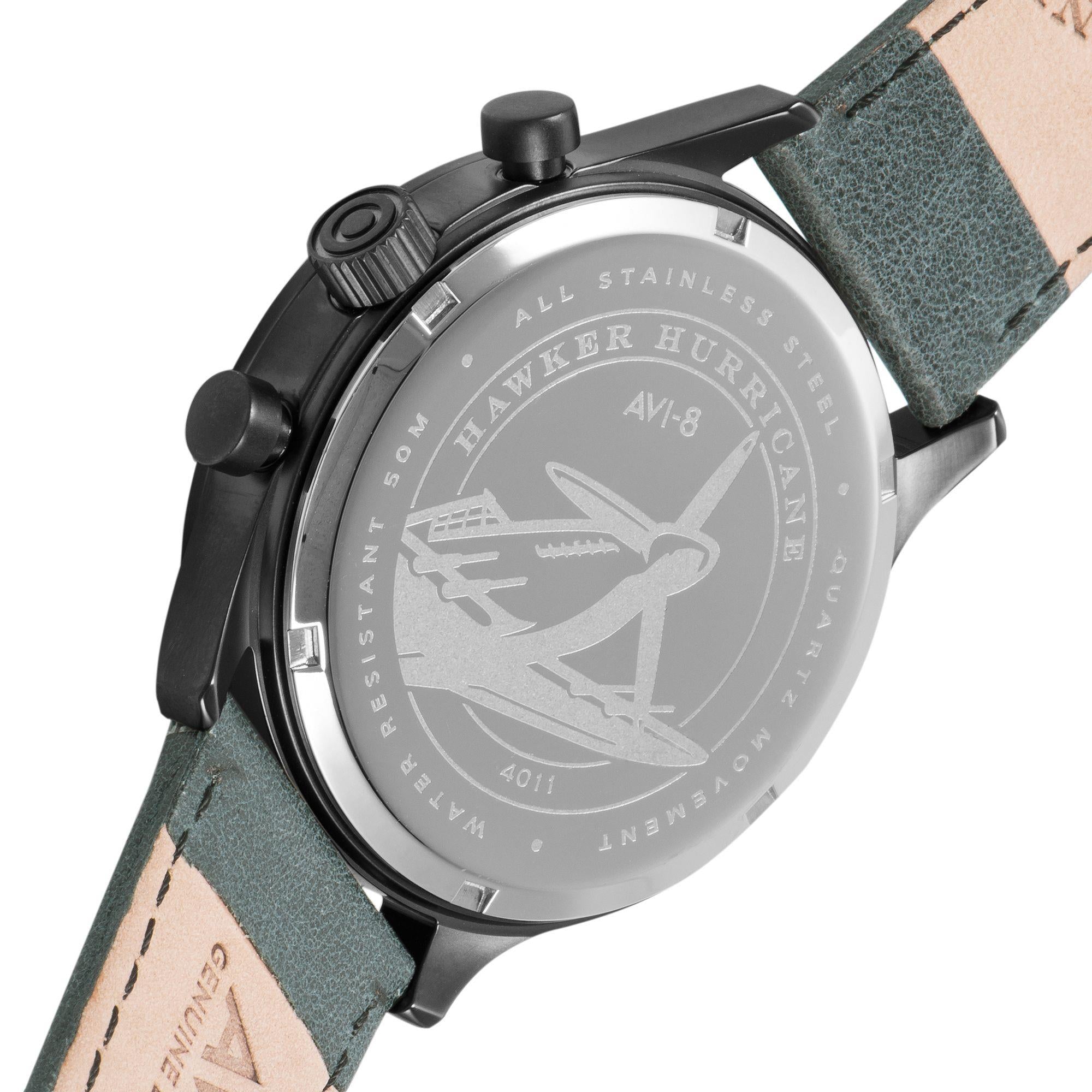The AVI-8 Hawker Hurricane Classic Chronograph Black Dial Green Leather Strap Mens Watch AV-4011-0D