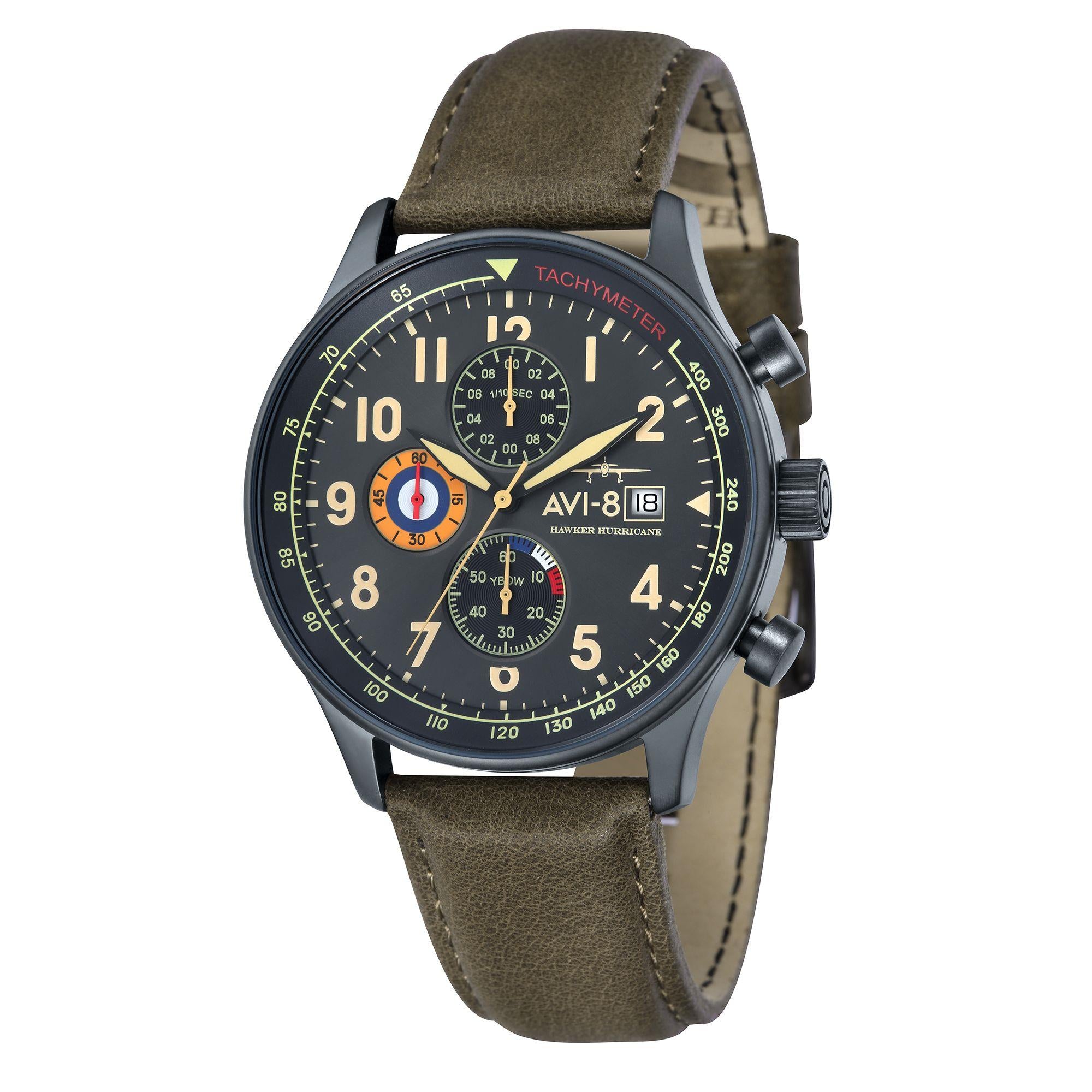 Die AVI-8 Hawker Hurricane Classic Chronograph Uhr mit schwarzem Zifferblatt und grünem Lederarmband für Herren AV-4011-0E