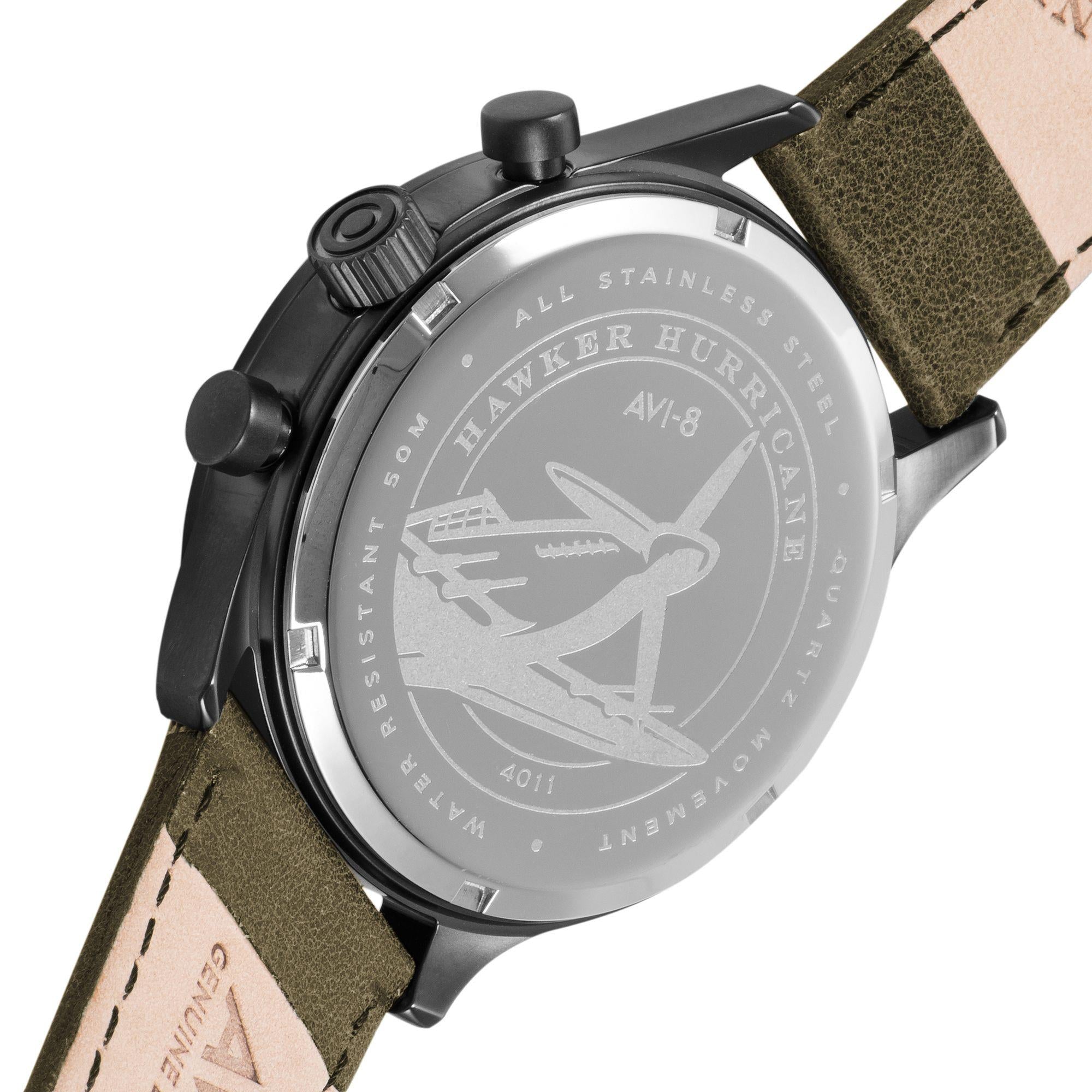 Die AVI-8 Hawker Hurricane Classic Chronograph Uhr mit schwarzem Zifferblatt und grünem Lederarmband für Herren AV-4011-0E