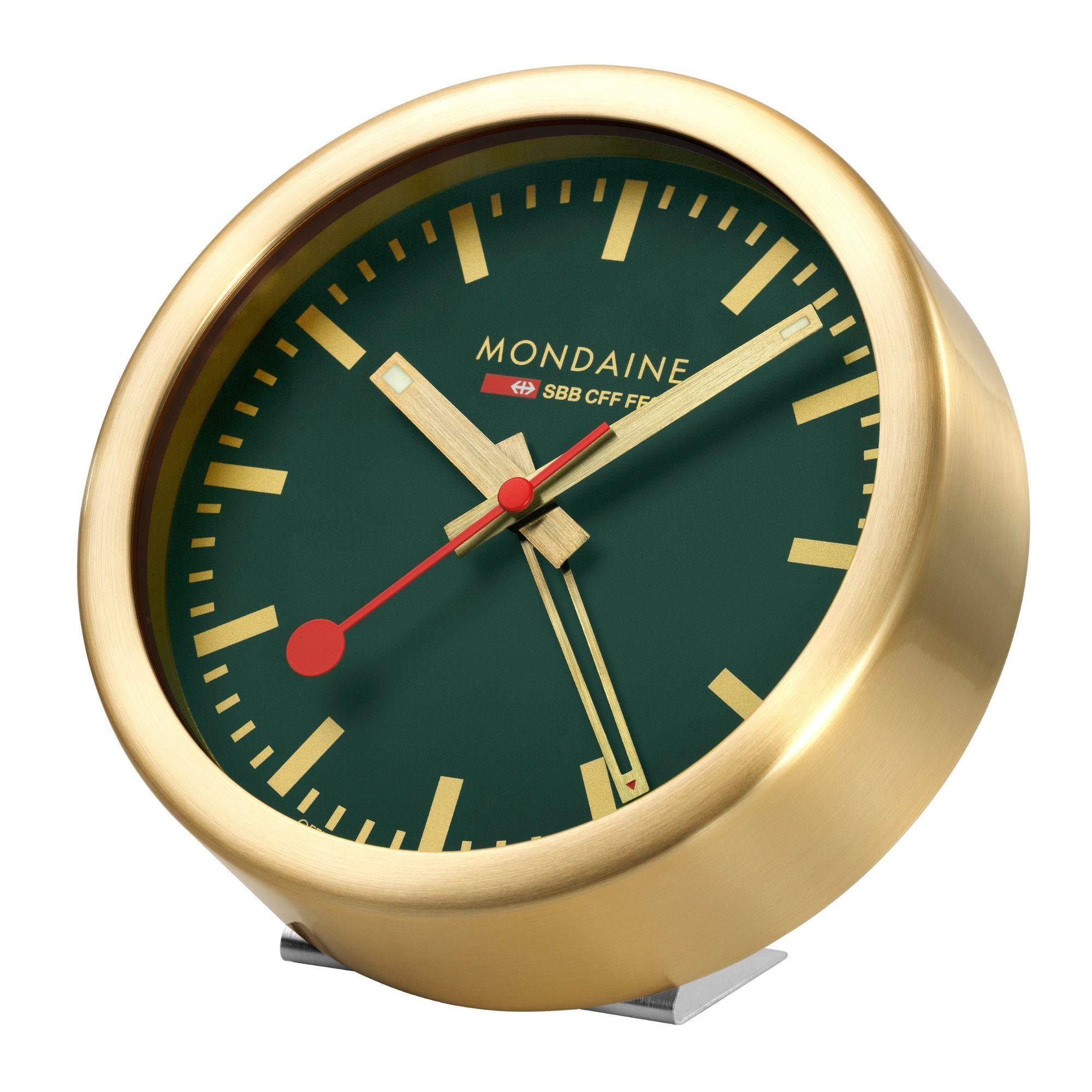 Mondaine Goldfarbener Gehäuse Waldgrüner Tisch- und Wecker A997.MCAL.66SBG