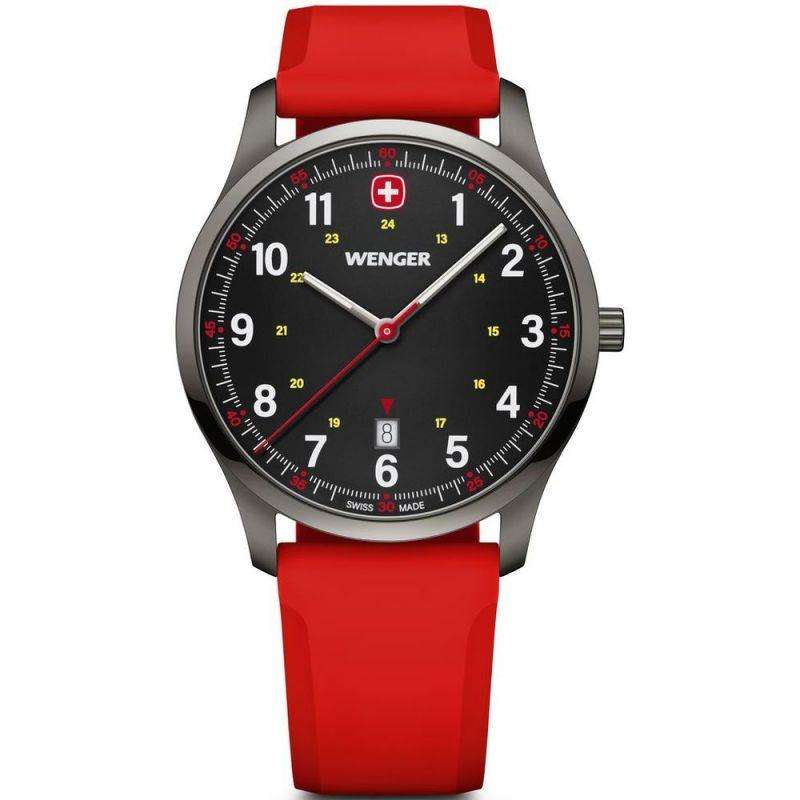 Wenger City Sports Quarz Schwarzes Zifferblatt & Rotes Gummi Armband 01.1441.130