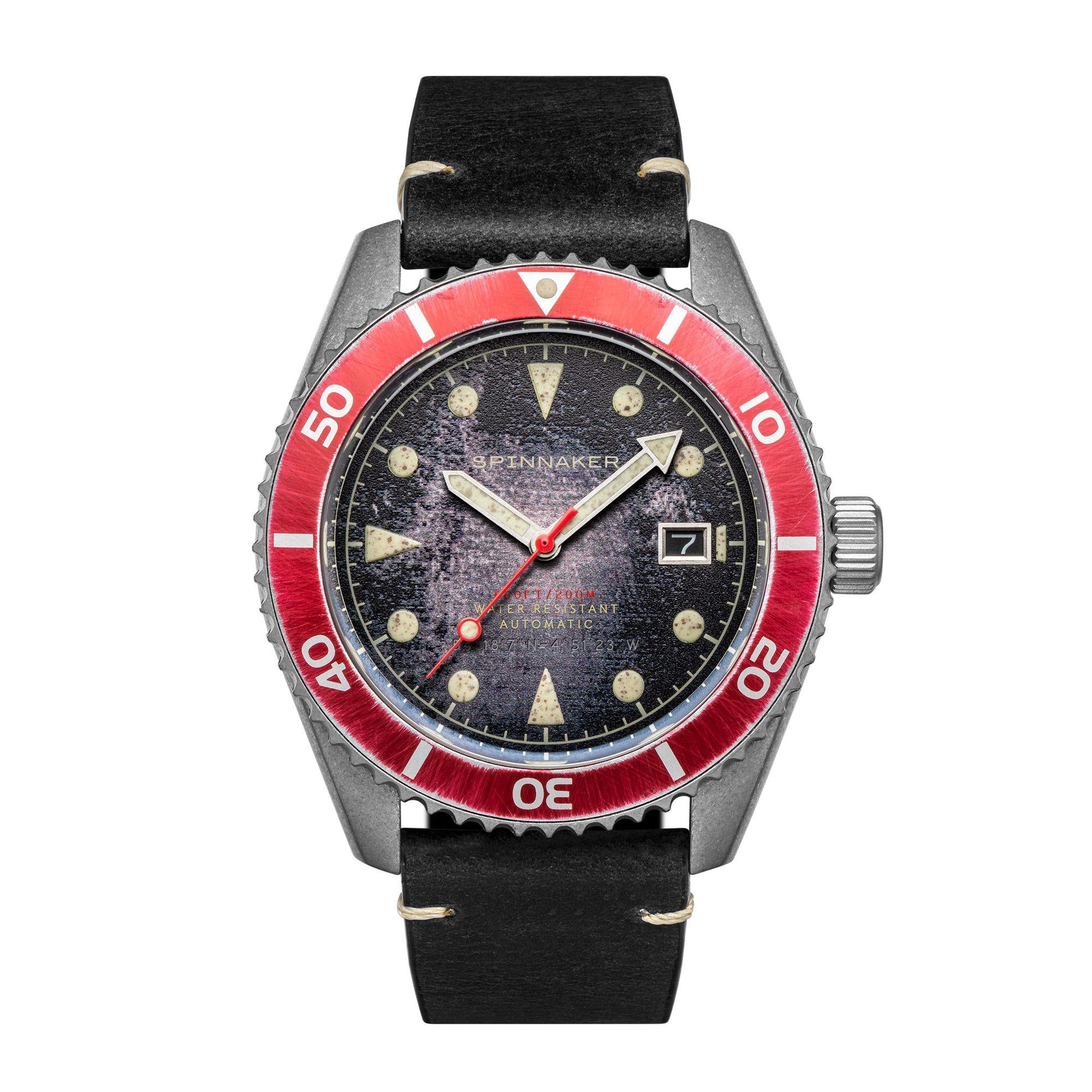 Spinnaker Wreck Abgenutzt Schwarz Zifferblatt Schwarzes Lederarmband Herren Uhr SP-5089-01