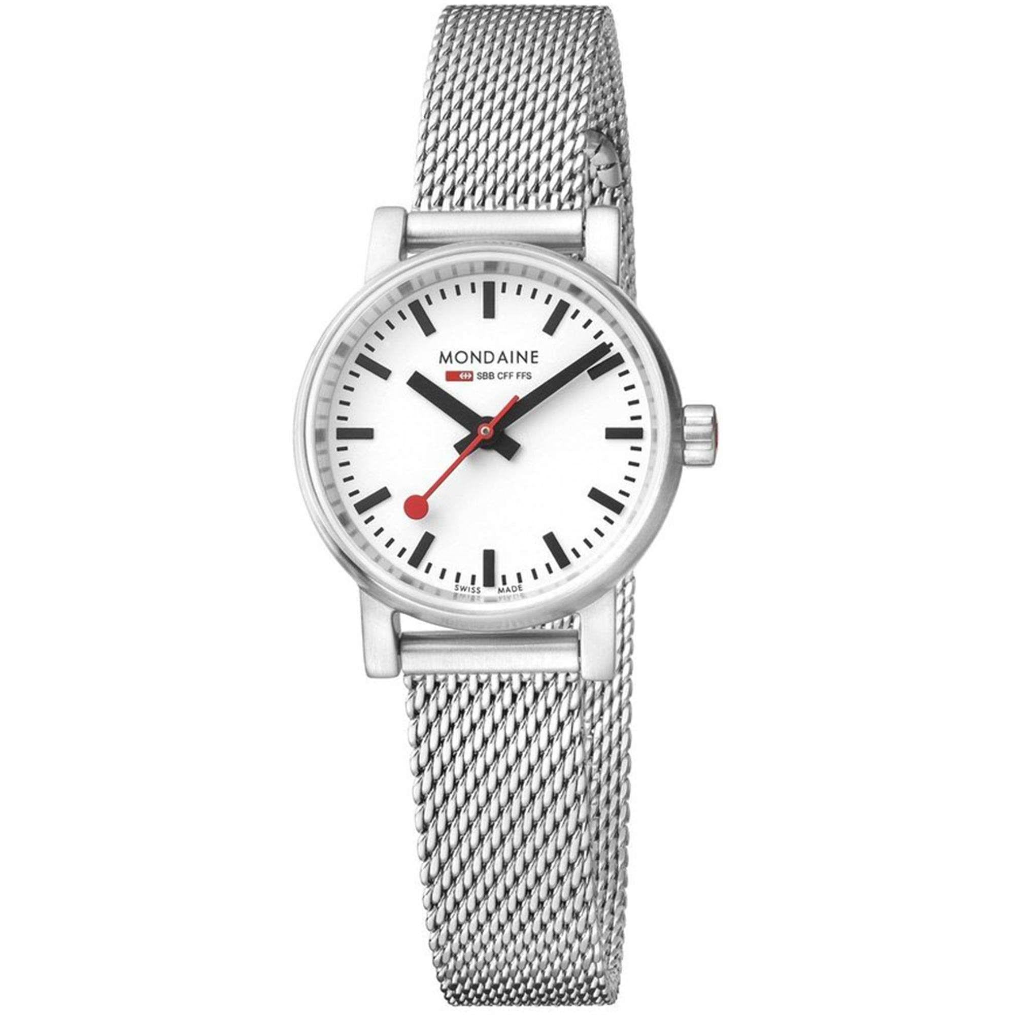 Mondaine Evo2 Petite Uhr mit weißem Zifferblatt und Edelstahl-Mesh-Armband für Damen MSE.26110.SM