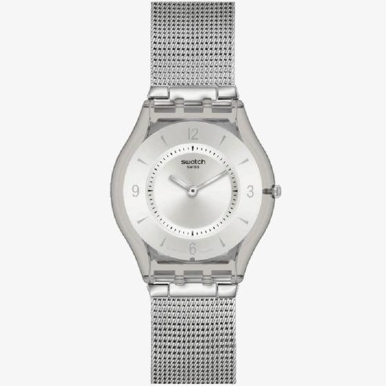 Swatch Metal Knit Quarz Silbernes Zifferblatt Milanese Uhr SS08M100M
