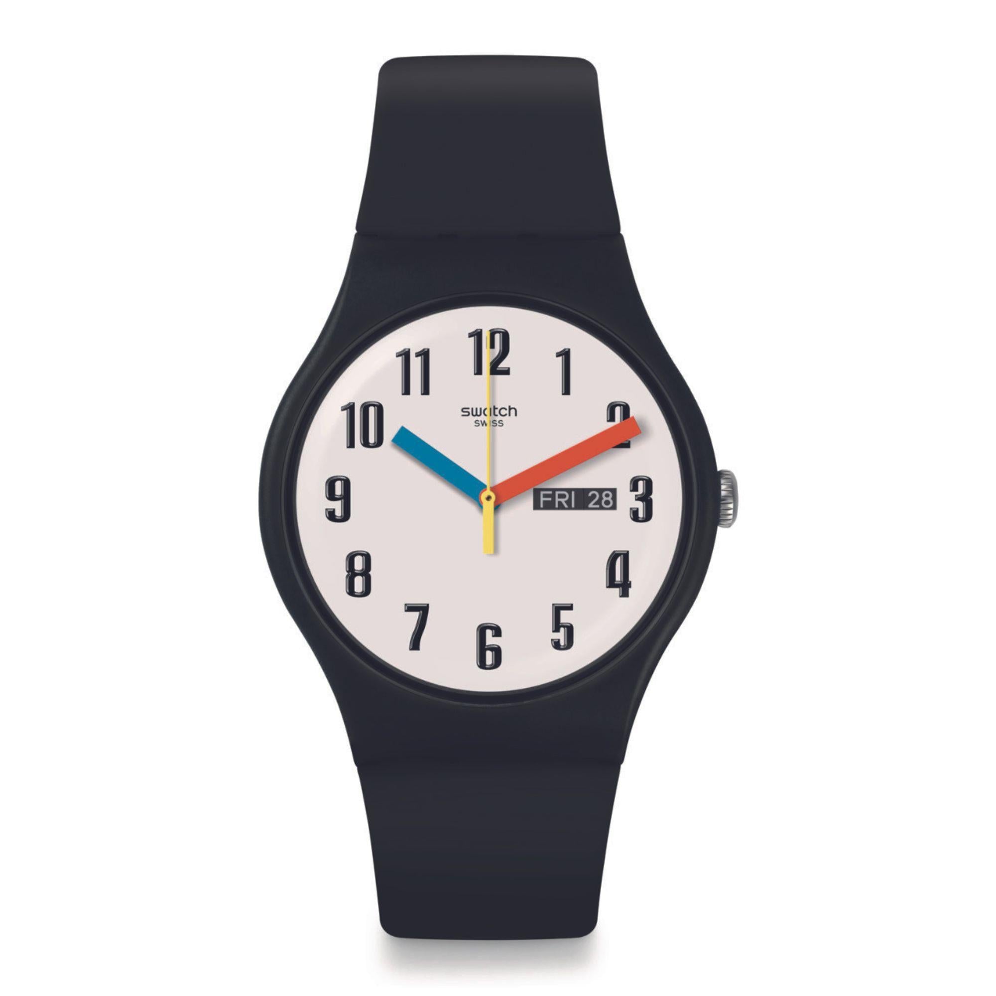 Swatch Elementary in Biosourced New Gent White Dial Black Strap Bau Watch SO29B705
