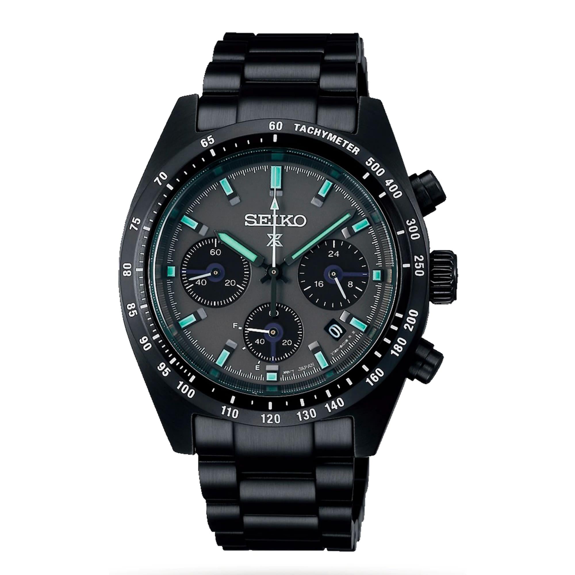 Seiko Prospex 'Black Series' Speedtimer Solar Chronograph Black Dial Steel Bracelet Men's Watch SSC917P1