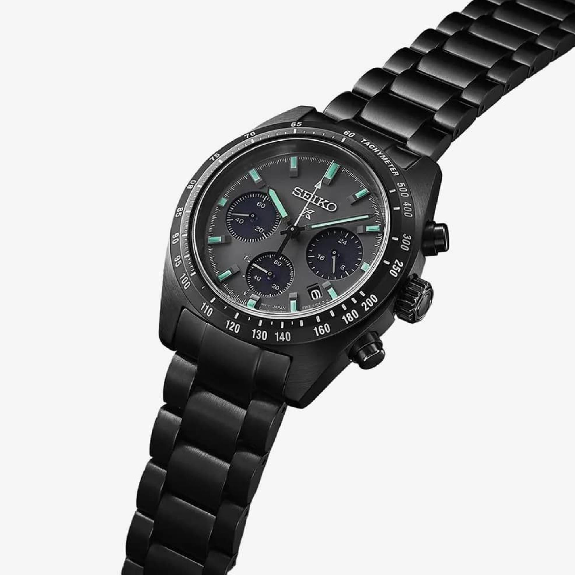 Seiko Prospex 'Black Series' Speedtimer Solar Chronograph Black Dial Steel Bracelet Men's Watch SSC917P1
