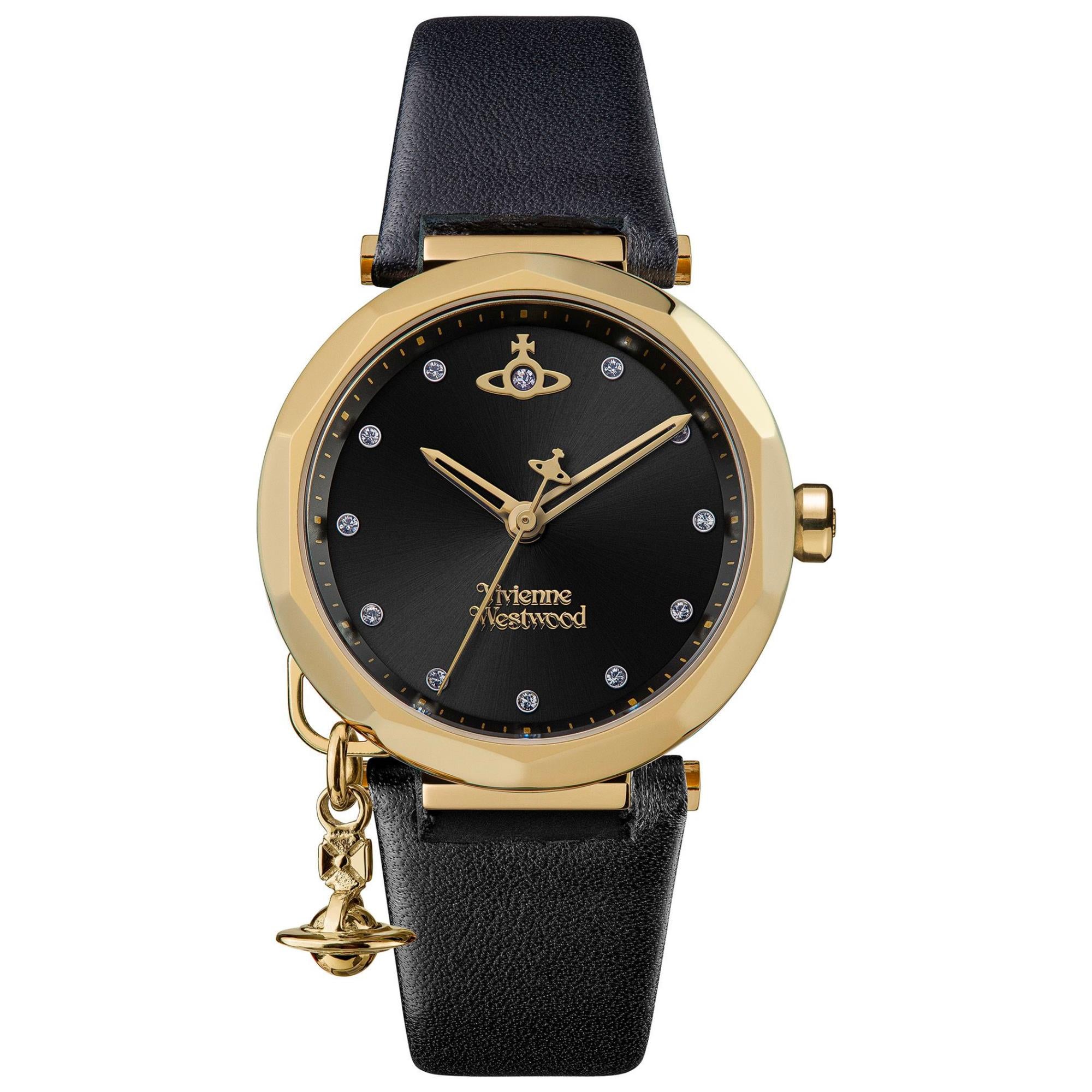 Vivienne Westwood Poplar Schwarzes Zifferblatt Schwarzes Lederarmband Damenuhr VV246BKBK