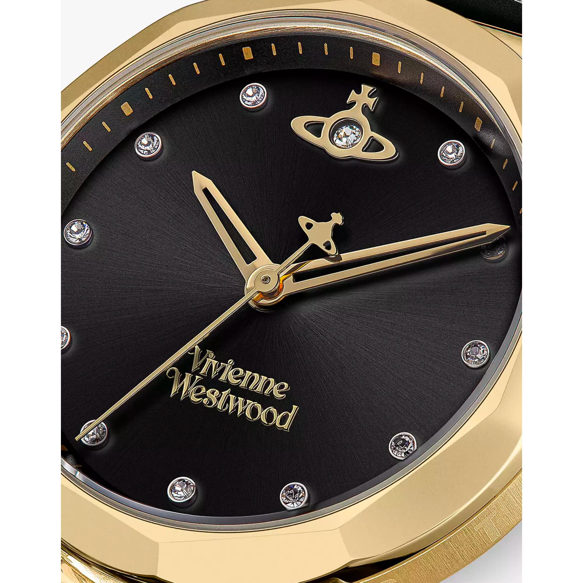 Vivienne Westwood Poplar Schwarzes Zifferblatt Schwarzes Lederarmband Damenuhr VV246BKBK