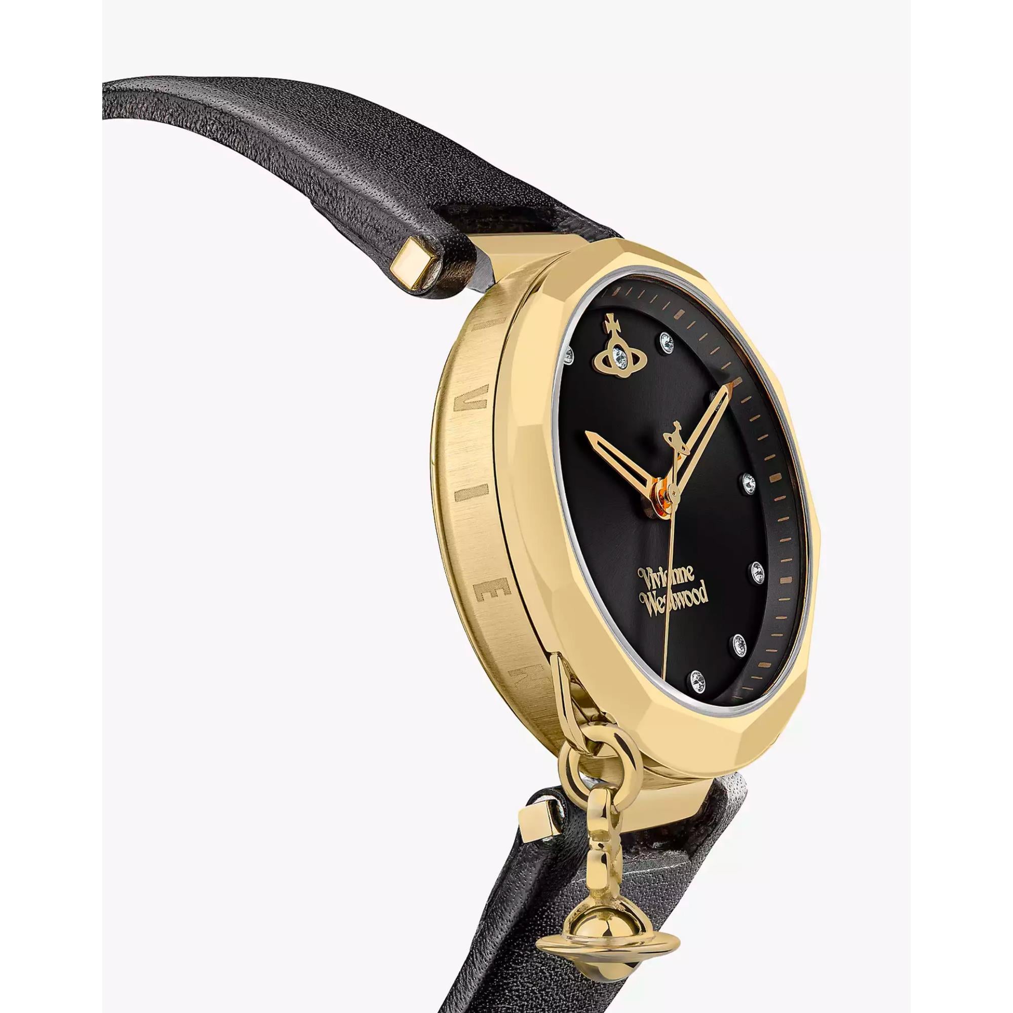 Vivienne Westwood Poplar Schwarzes Zifferblatt Schwarzes Lederarmband Damenuhr VV246BKBK