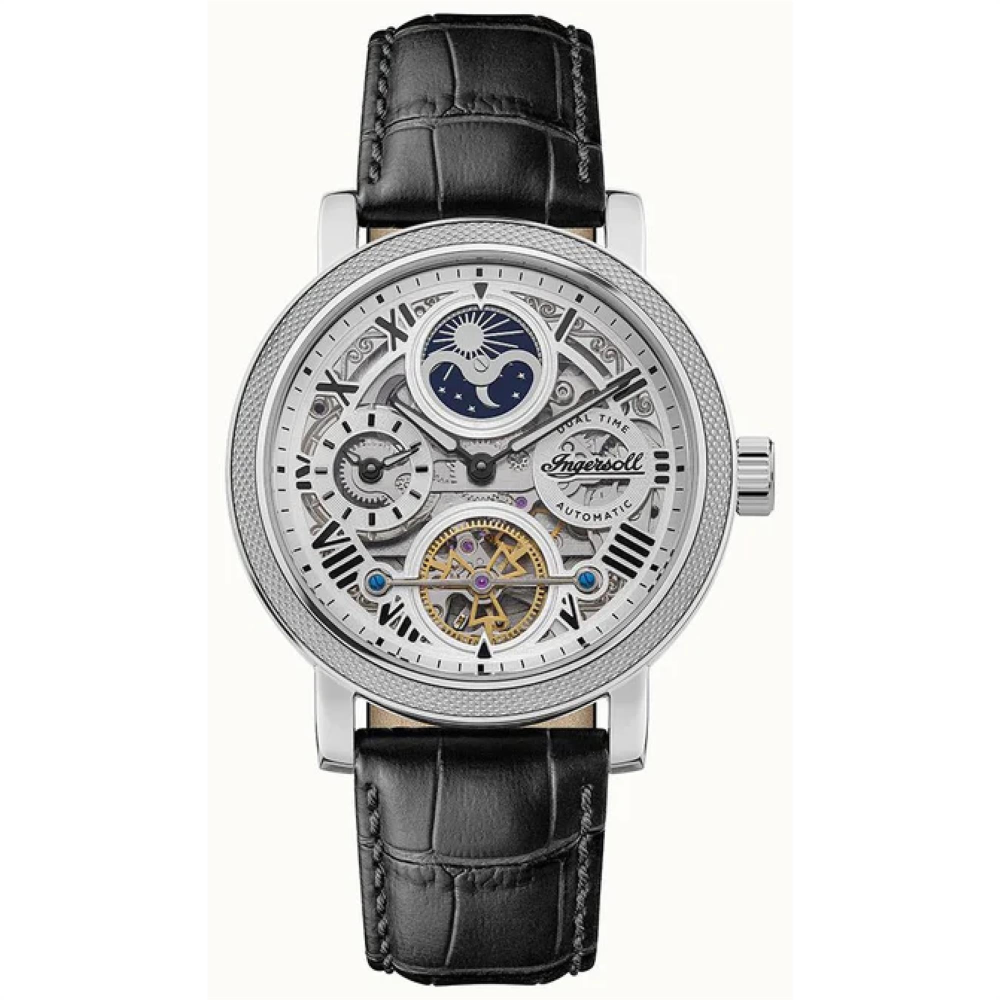 Ingersoll The Row 1892 Automatik Herren Uhr Silbernes Zifferblatt Schwarzes Lederarmband I12401