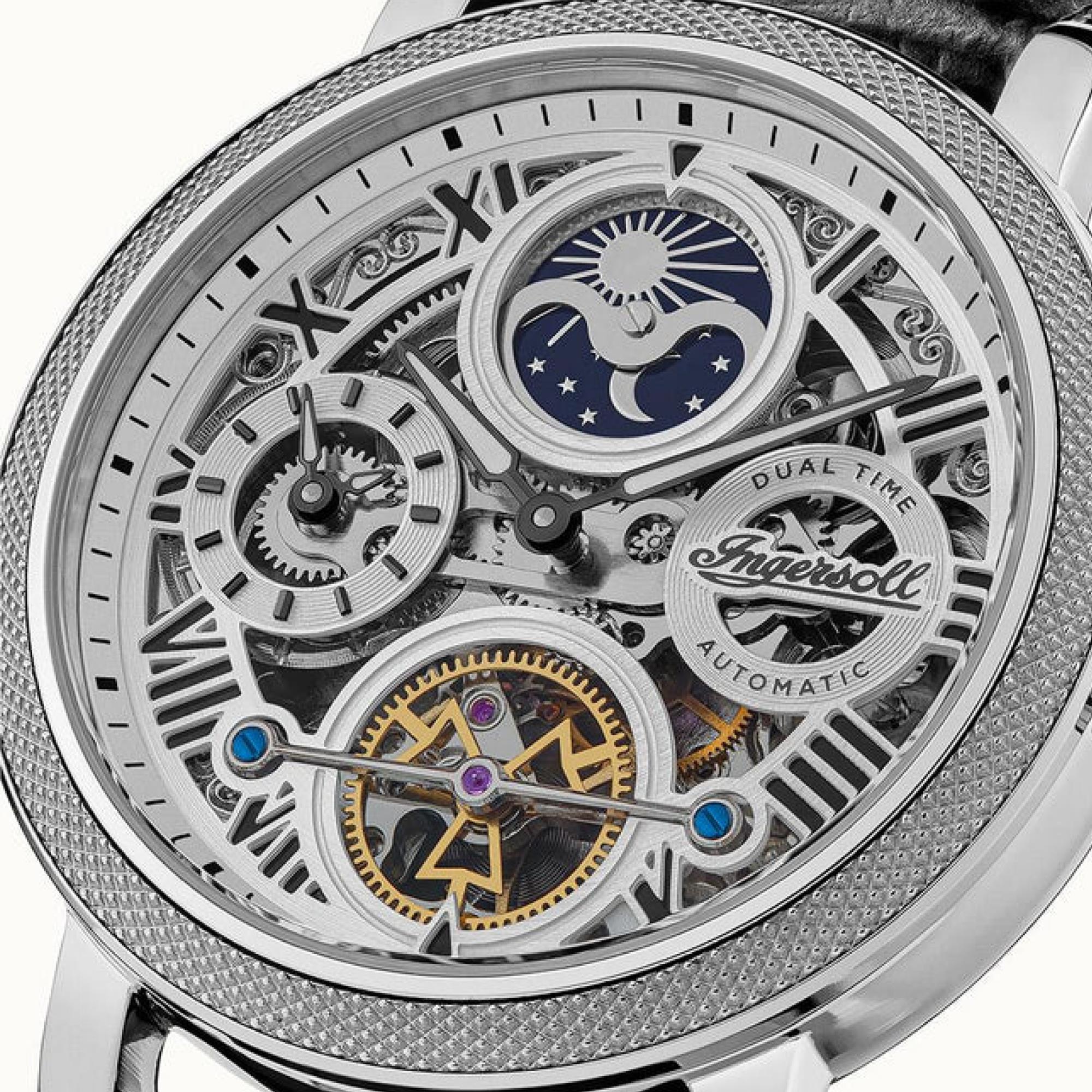 Ingersoll The Row 1892 Automatik Herren Uhr Silbernes Zifferblatt Schwarzes Lederarmband I12401