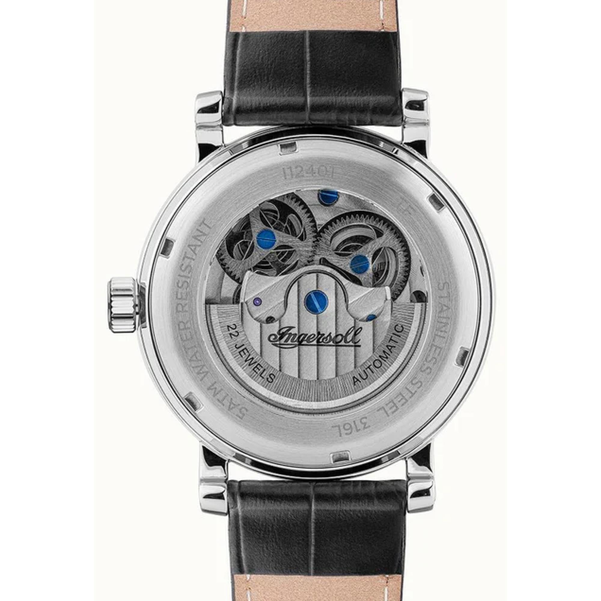 Ingersoll The Row 1892 Automatik Herren Uhr Silbernes Zifferblatt Schwarzes Lederarmband I12401