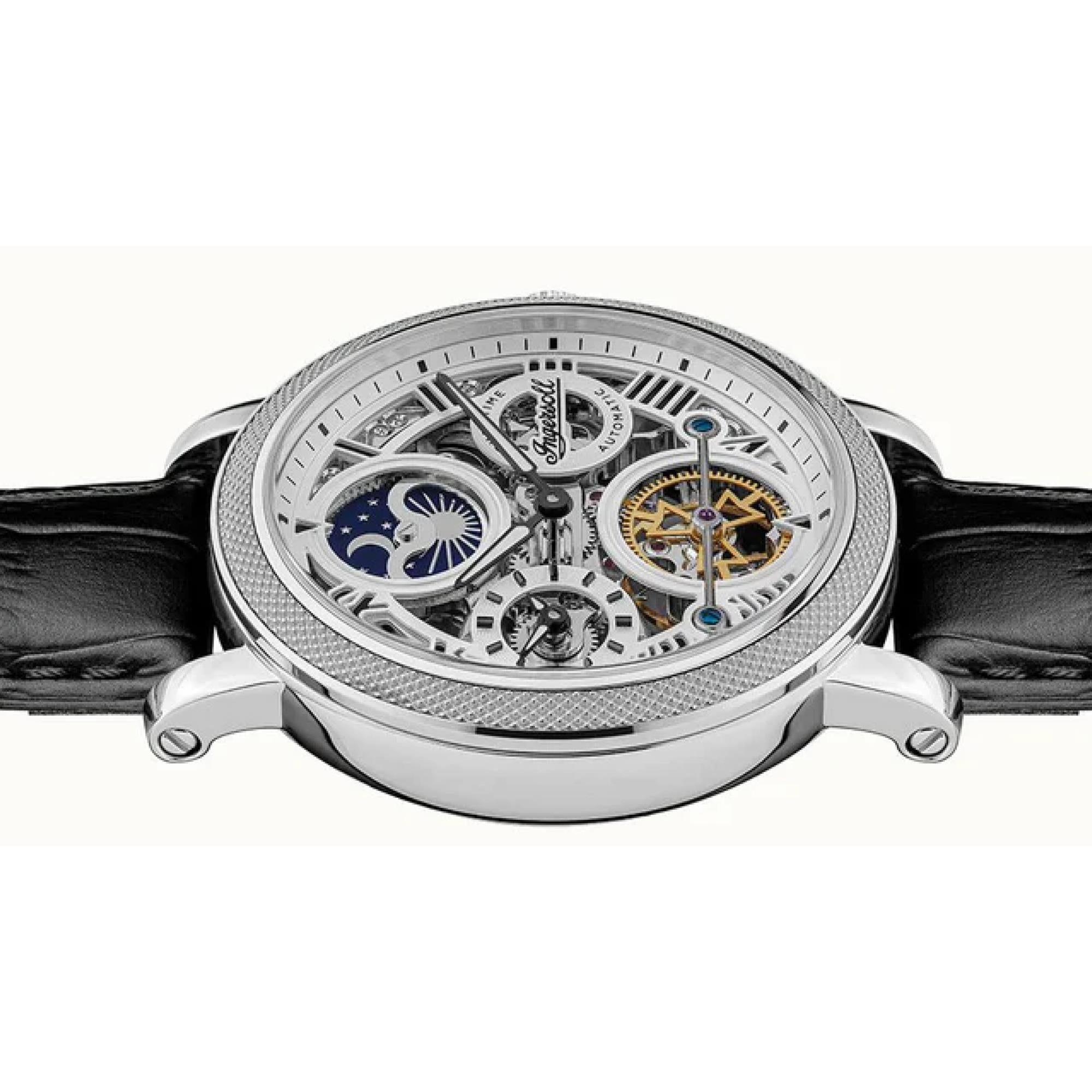 Ingersoll The Row 1892 Automatik Herren Uhr Silbernes Zifferblatt Schwarzes Lederarmband I12401