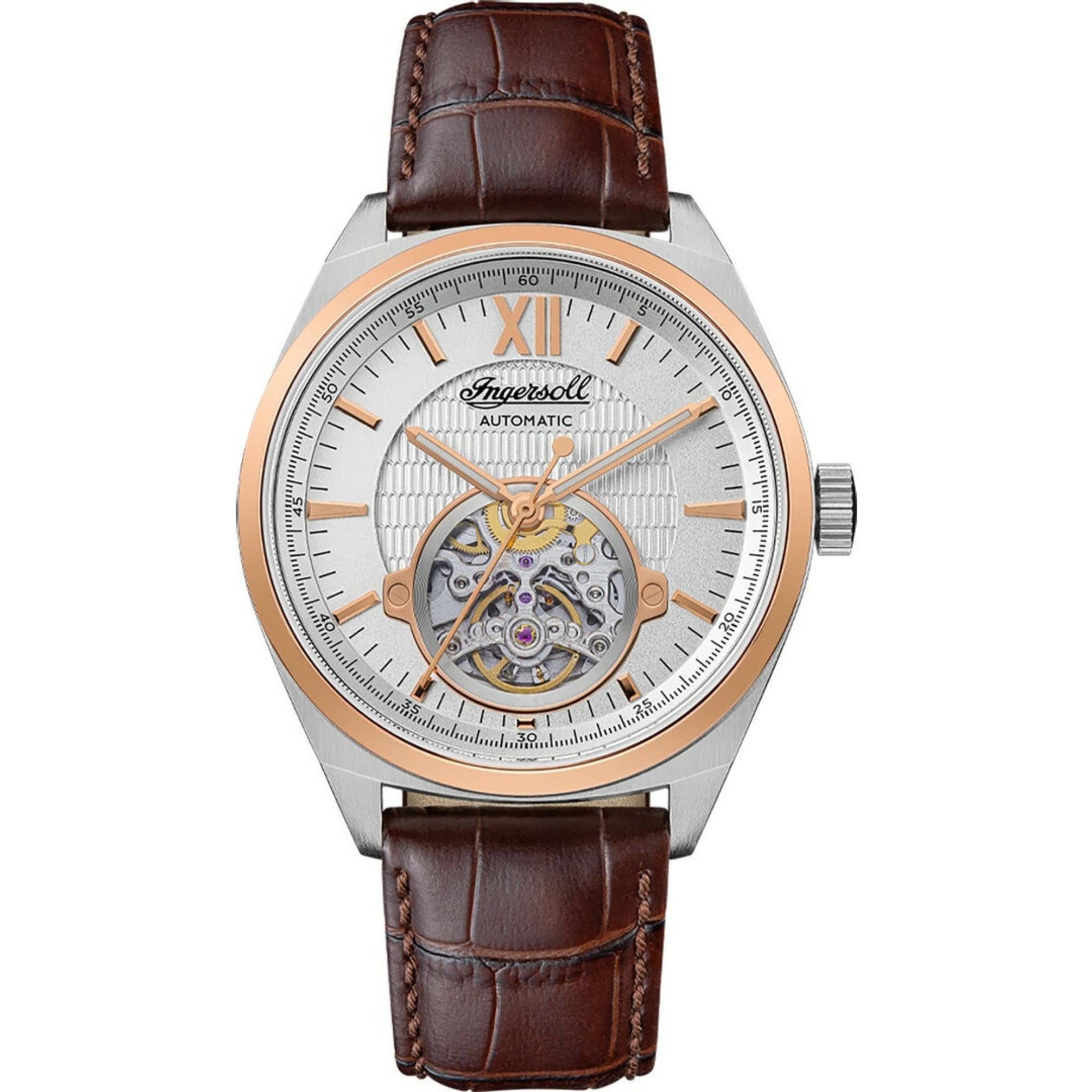 Ingersoll The Shelby Herren Automatik Uhr mit Weißem Open Heart Zifferblatt und Braunem Lederarmband I10901B