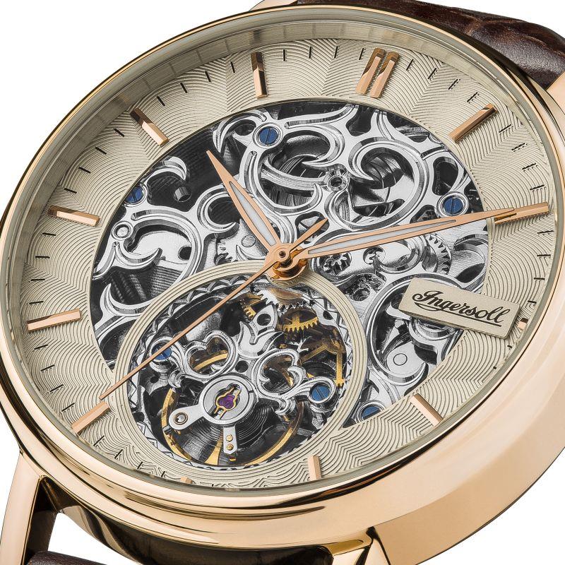Ingersoll 1892 The Charles Automatische Herrenarmbanduhr mit Champagner Skelettzifferblatt und Braunem Lederarmband - I05805