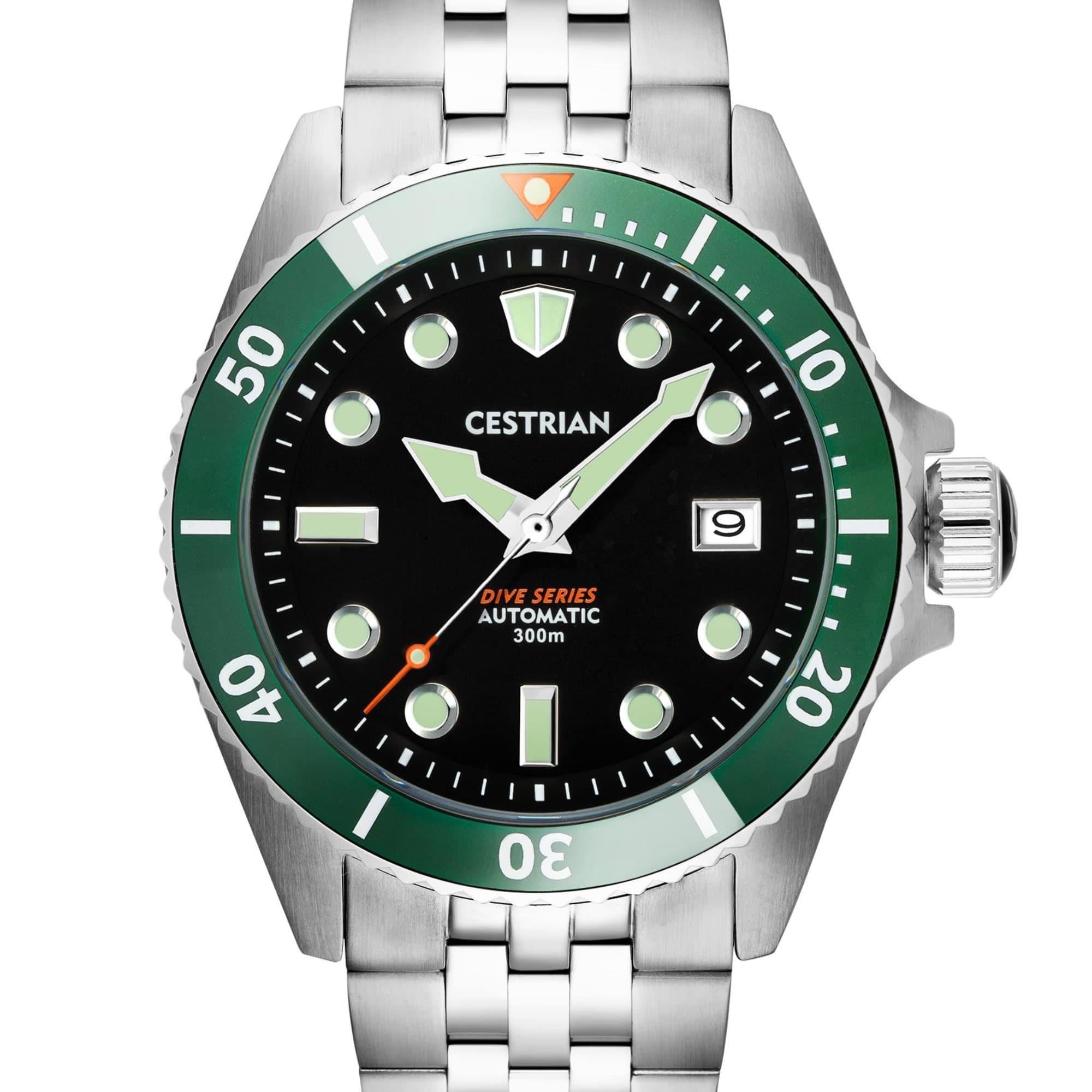 Cestrian Dive Series Schwarzes Zifferblatt Grüner Keramikrings Edelstahlarmband Automatische Herrenarmbanduhr CD111B0773V1