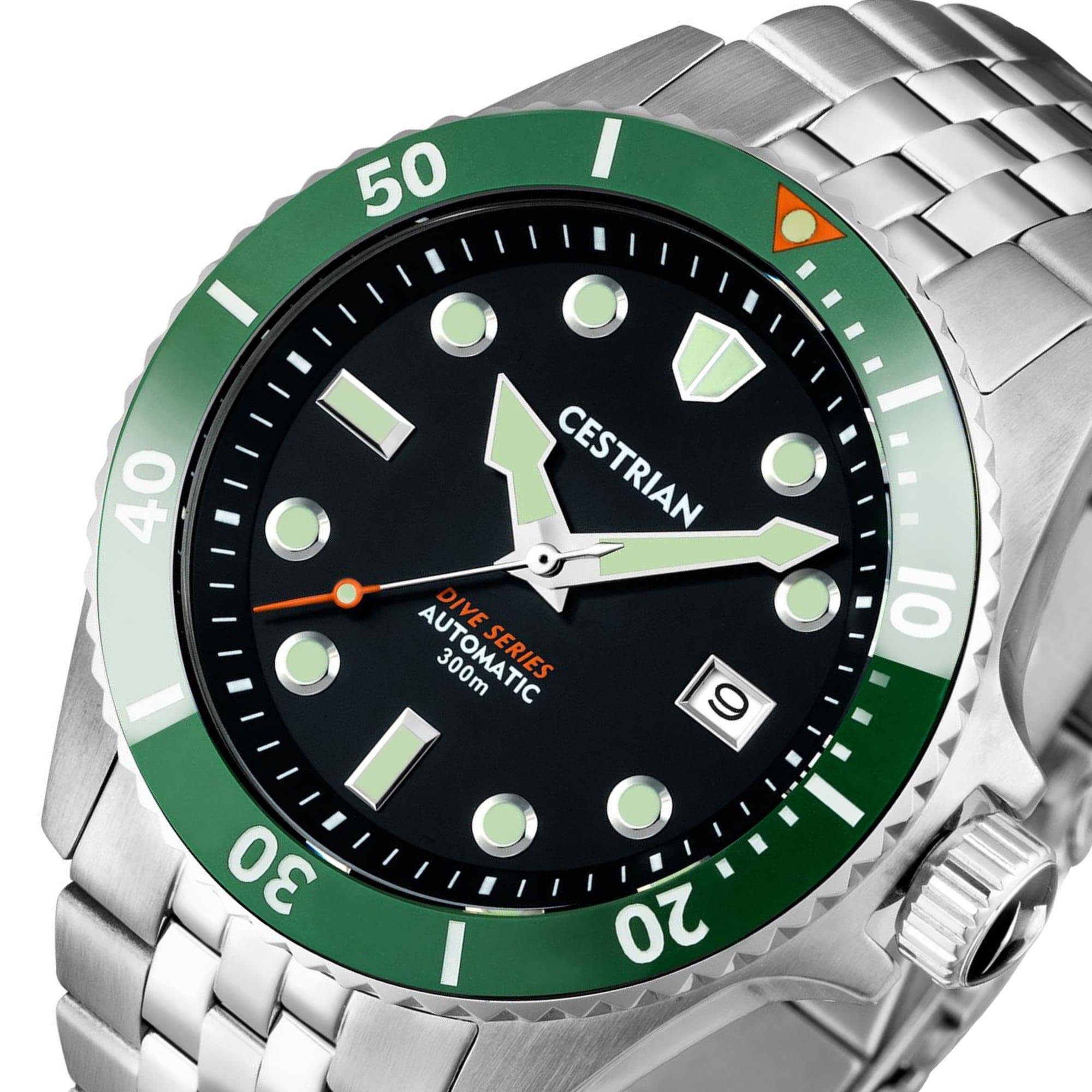 Cestrian Dive Series Schwarzes Zifferblatt Grüner Keramikrings Edelstahlarmband Automatische Herrenarmbanduhr CD111B0773V1