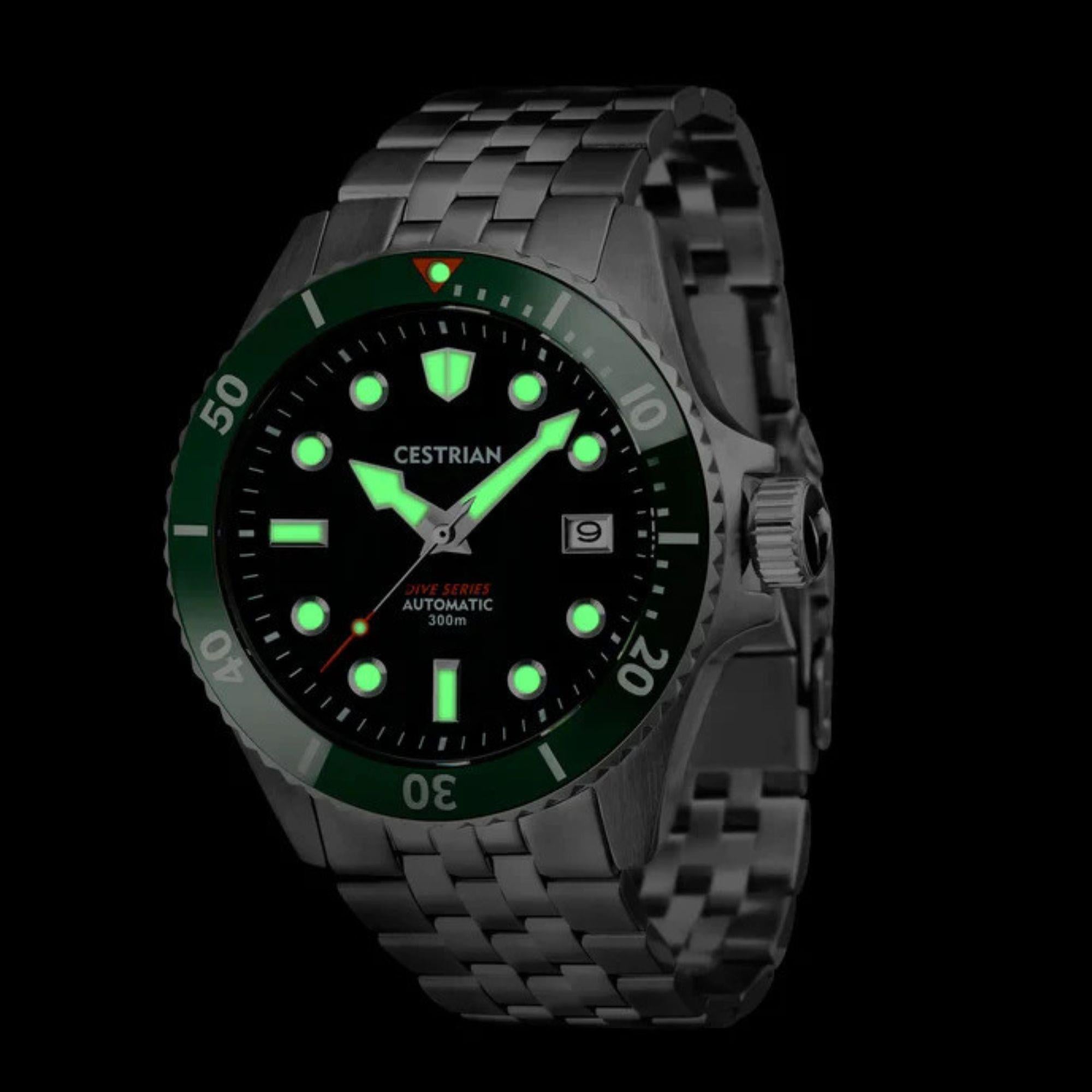Cestrian Dive Series Schwarzes Zifferblatt Grüner Keramikrings Edelstahlarmband Automatische Herrenarmbanduhr CD111B0773V1