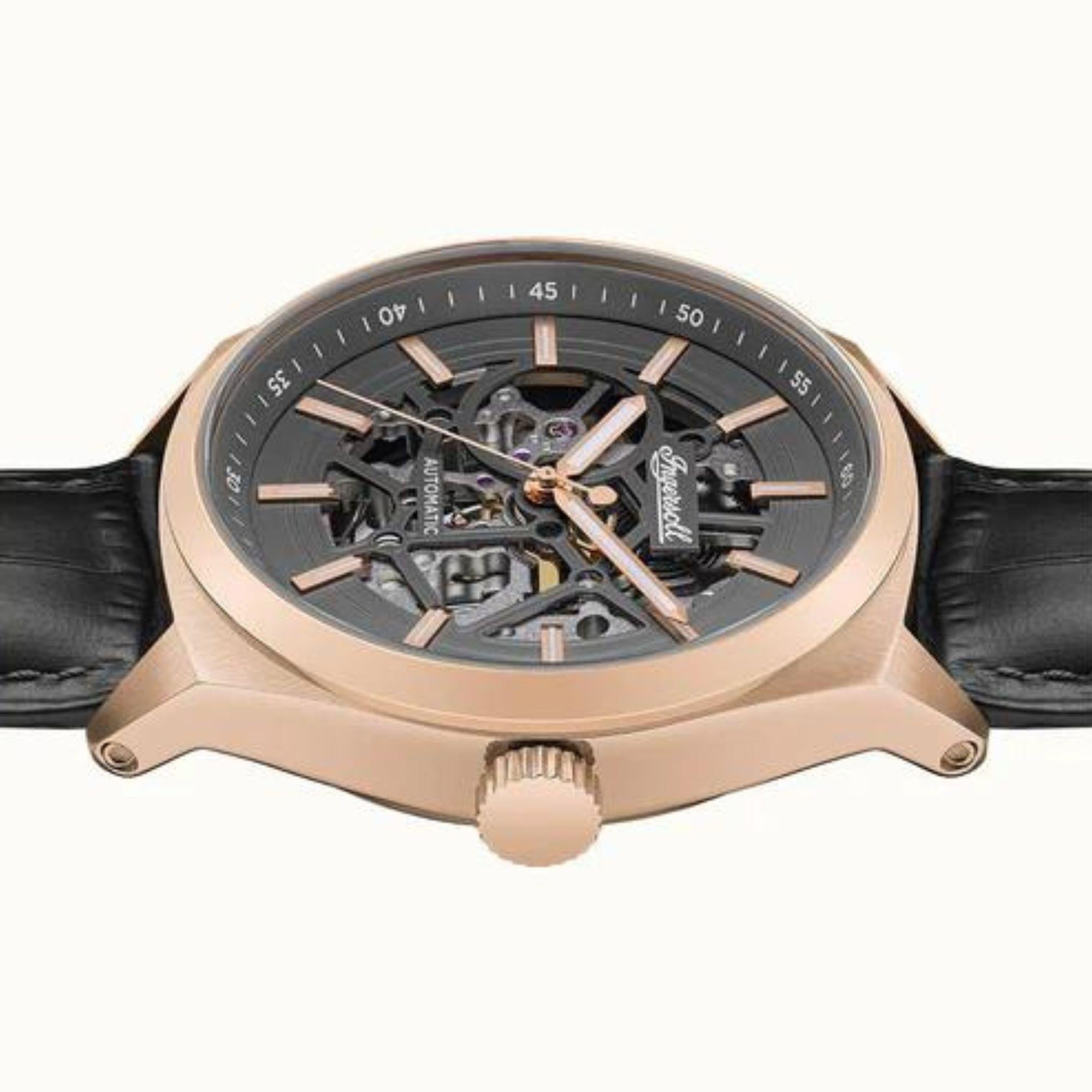 Ingersoll 1892 The Shelby Automatische Herrenarmbanduhr mit Grauem Zifferblatt und Schwarzem Lederarmband - I12002