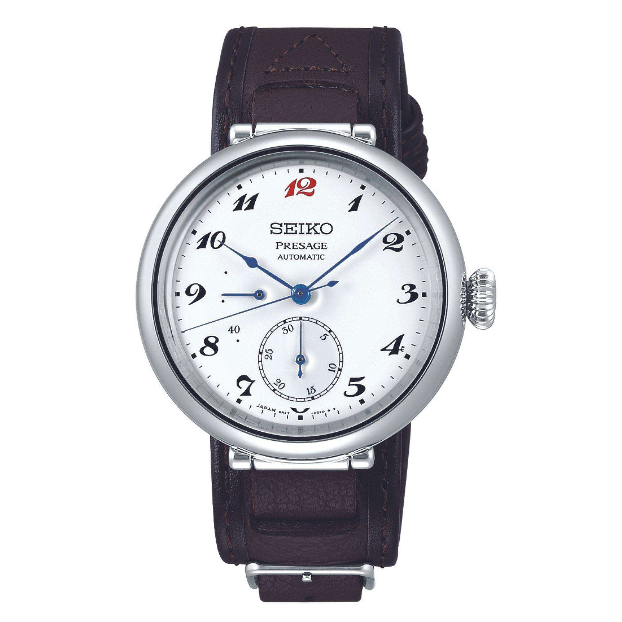 Seiko Presage Takumi 110. Jubiläum "Laurel" Weißes Zifferblatt Schwarzes Lederarmband Herren Uhr SPB359J1