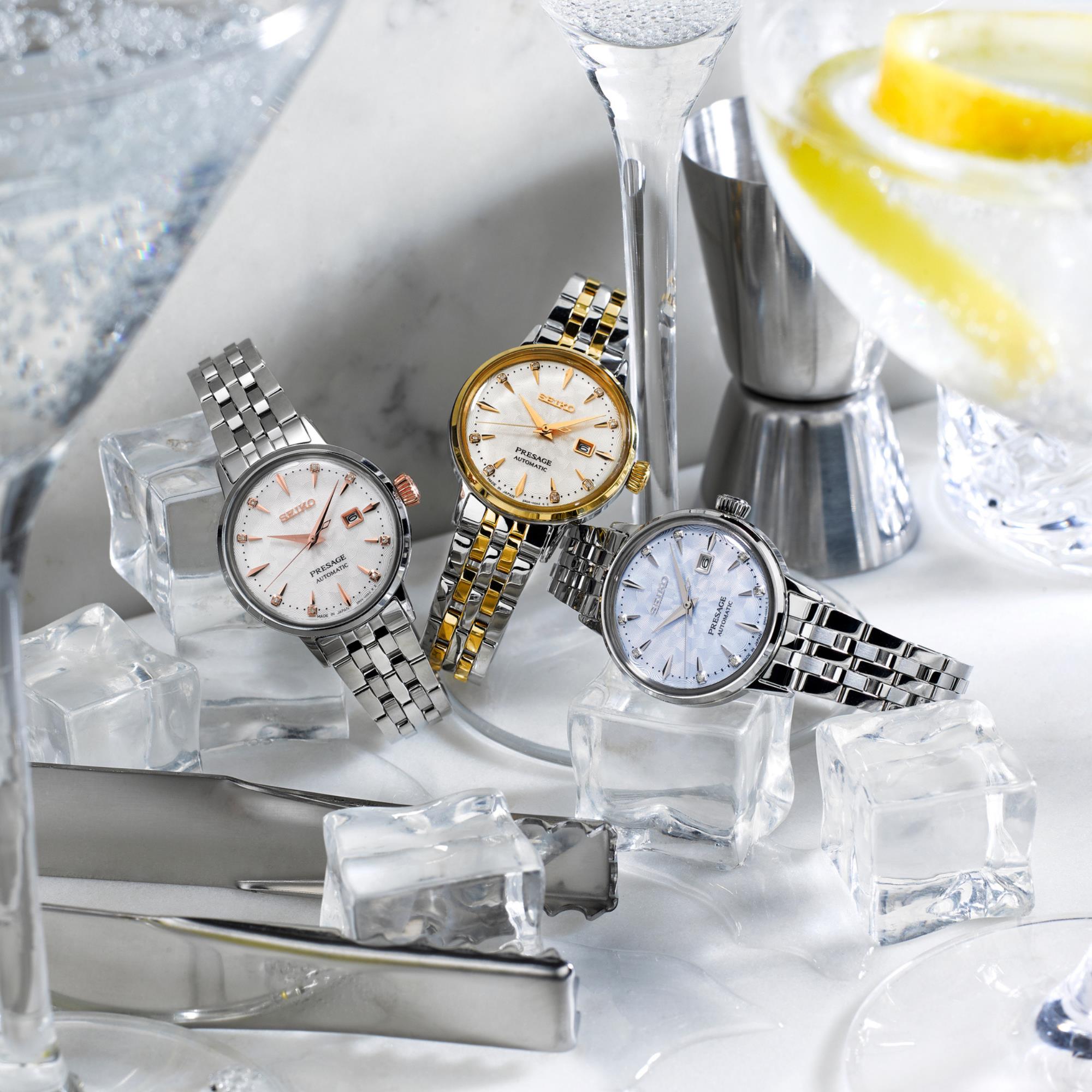 Seiko Presage Cocktail Time Skydiving Diamond Twist Automatik Blaues Zifferblatt Damen Uhr SRE007J1