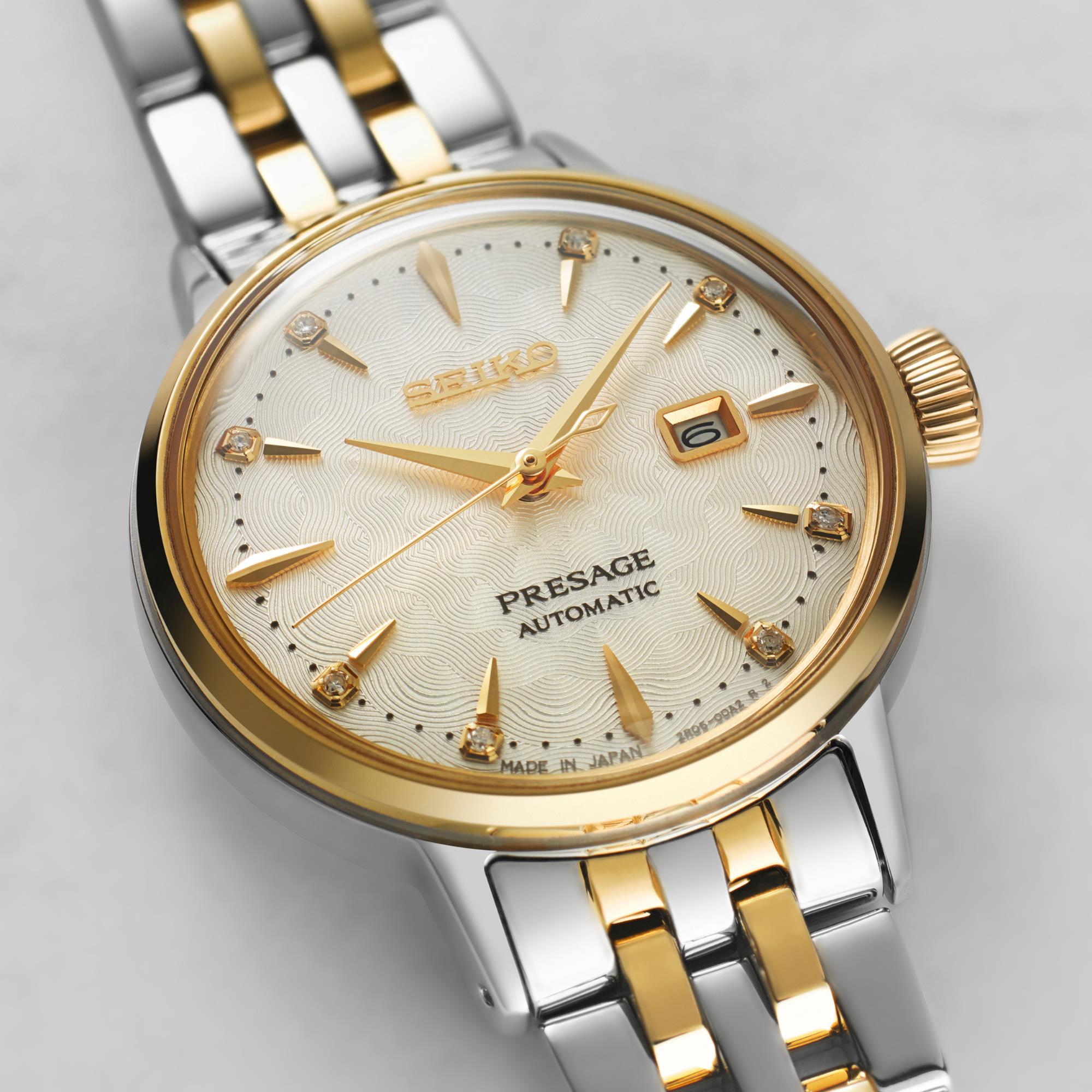 Seiko Presage Cocktail Time ‘White Lady’ Diamond Twist Creme Zifferblatt Damen Uhr SRE010J1