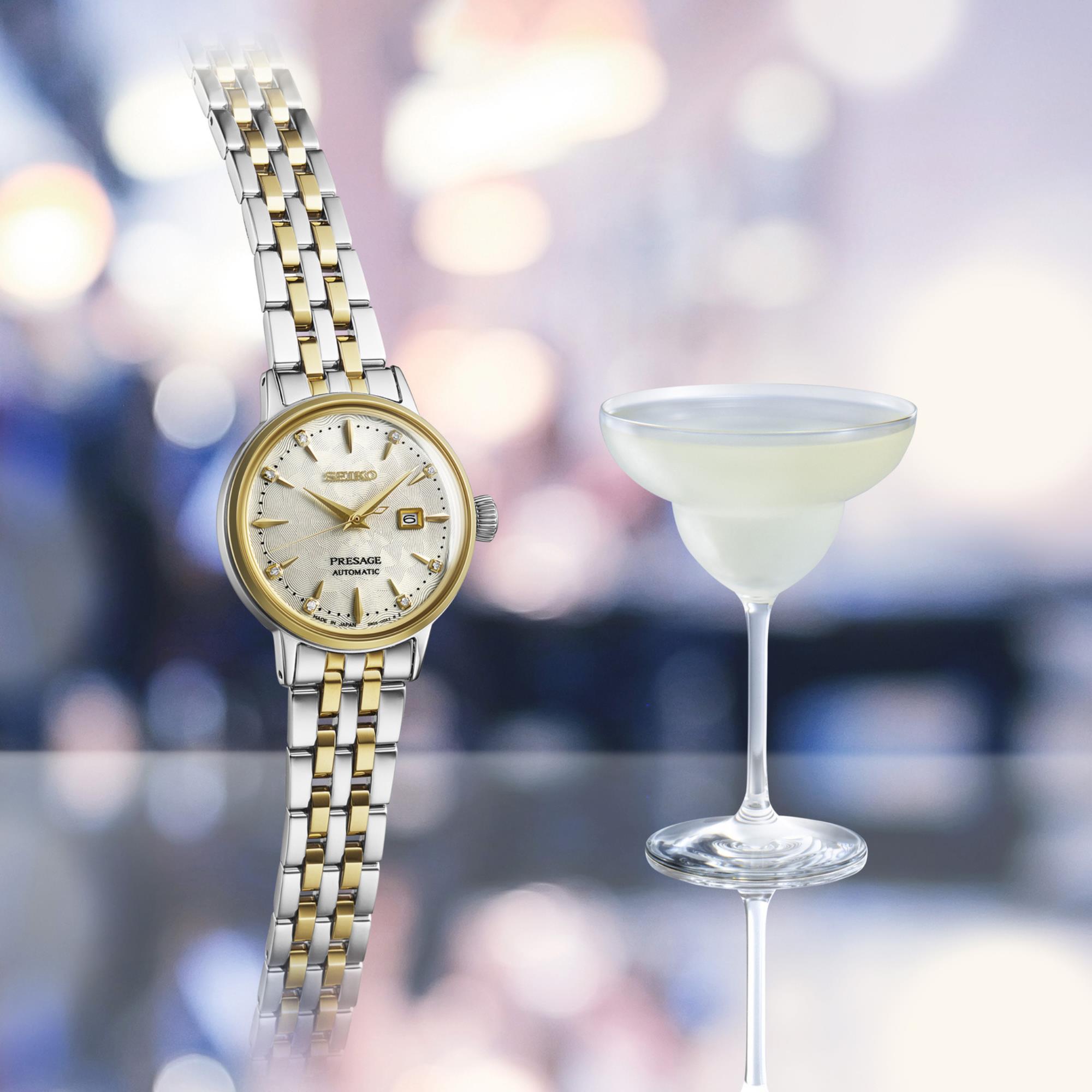 Seiko Presage Cocktail Time ‘White Lady’ Diamond Twist Creme Zifferblatt Damen Uhr SRE010J1
