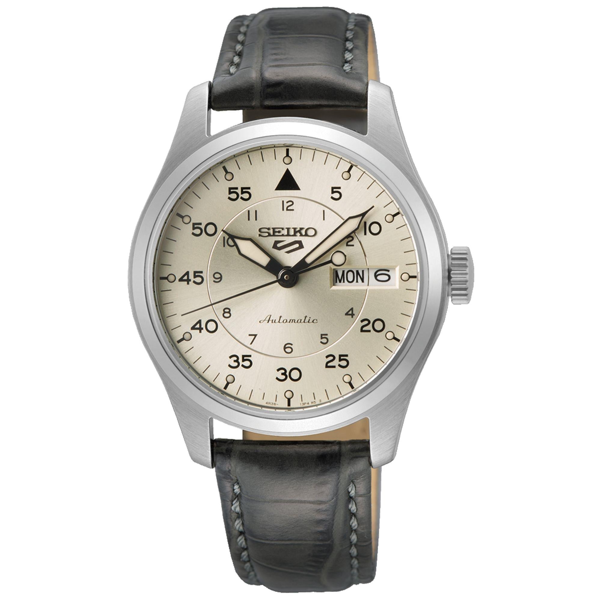 Seiko 5 Sports 'Champagne Flieger' Pilot/Aviation Stil Automatik Champagner Zifferblatt Lederarmband Uhr SRPJ87K1
