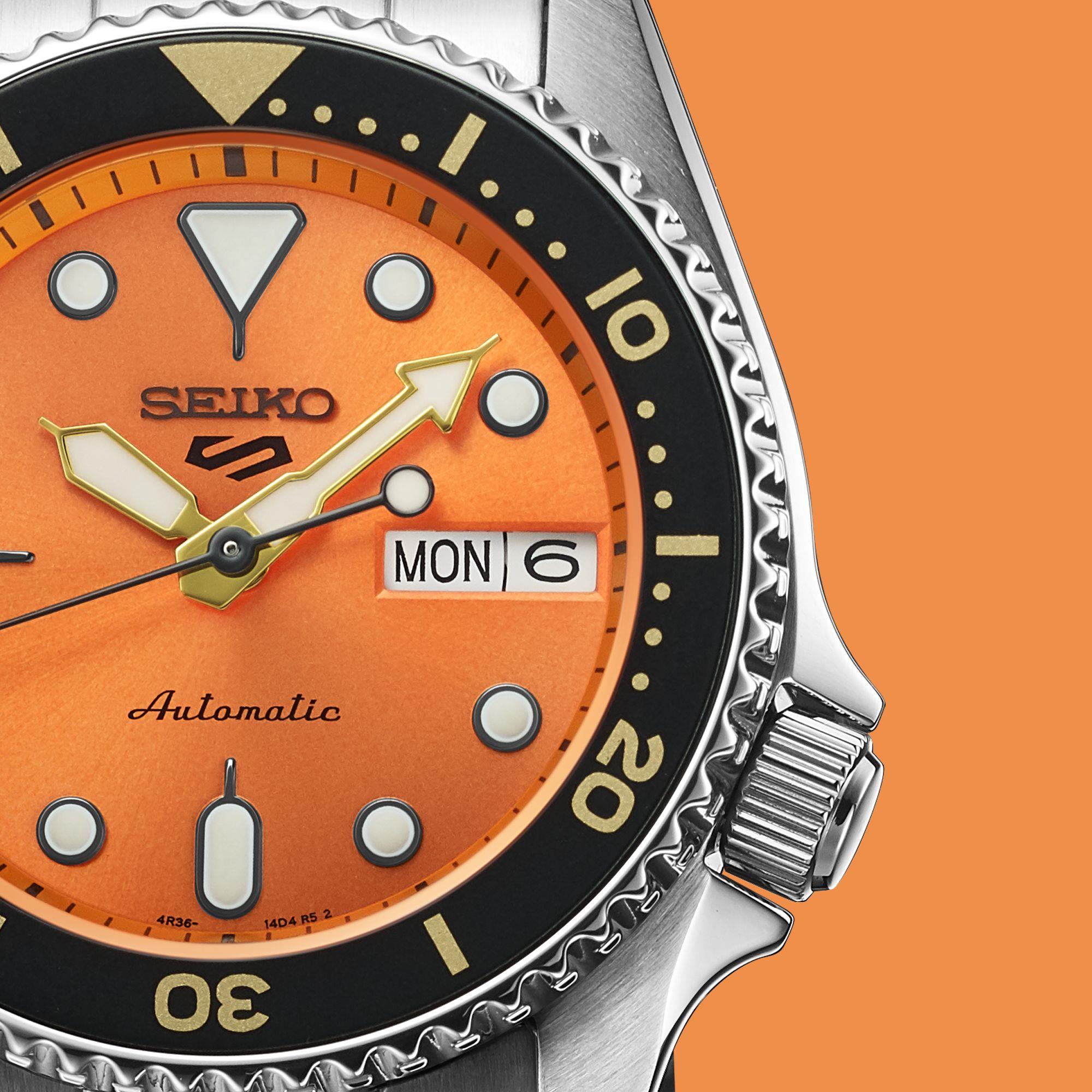 Seiko 5 Sports SKX "Midi" Neuauflage Oranges Zifferblatt Stahlarmband Uhr SRPK35K1