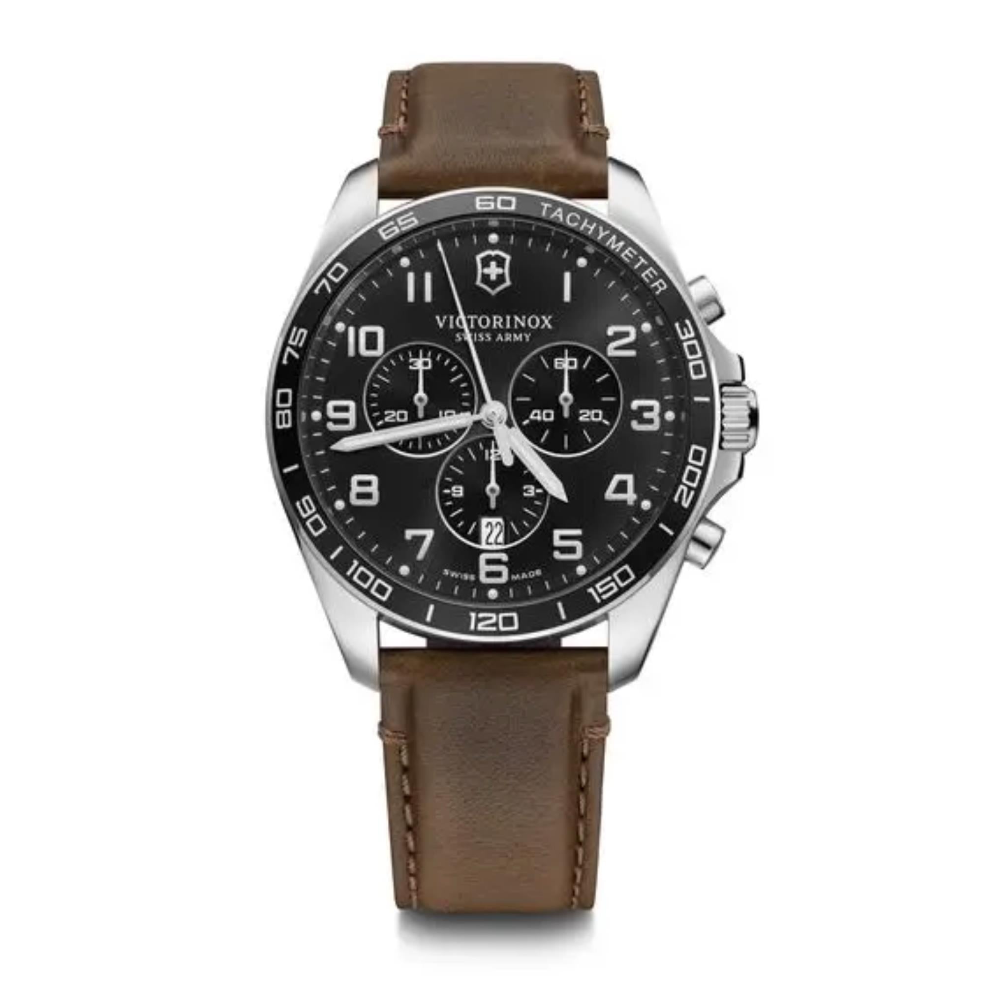 Victorinox FieldForce 42mm Chronograph Black Dial Leather Mens Watch 241928