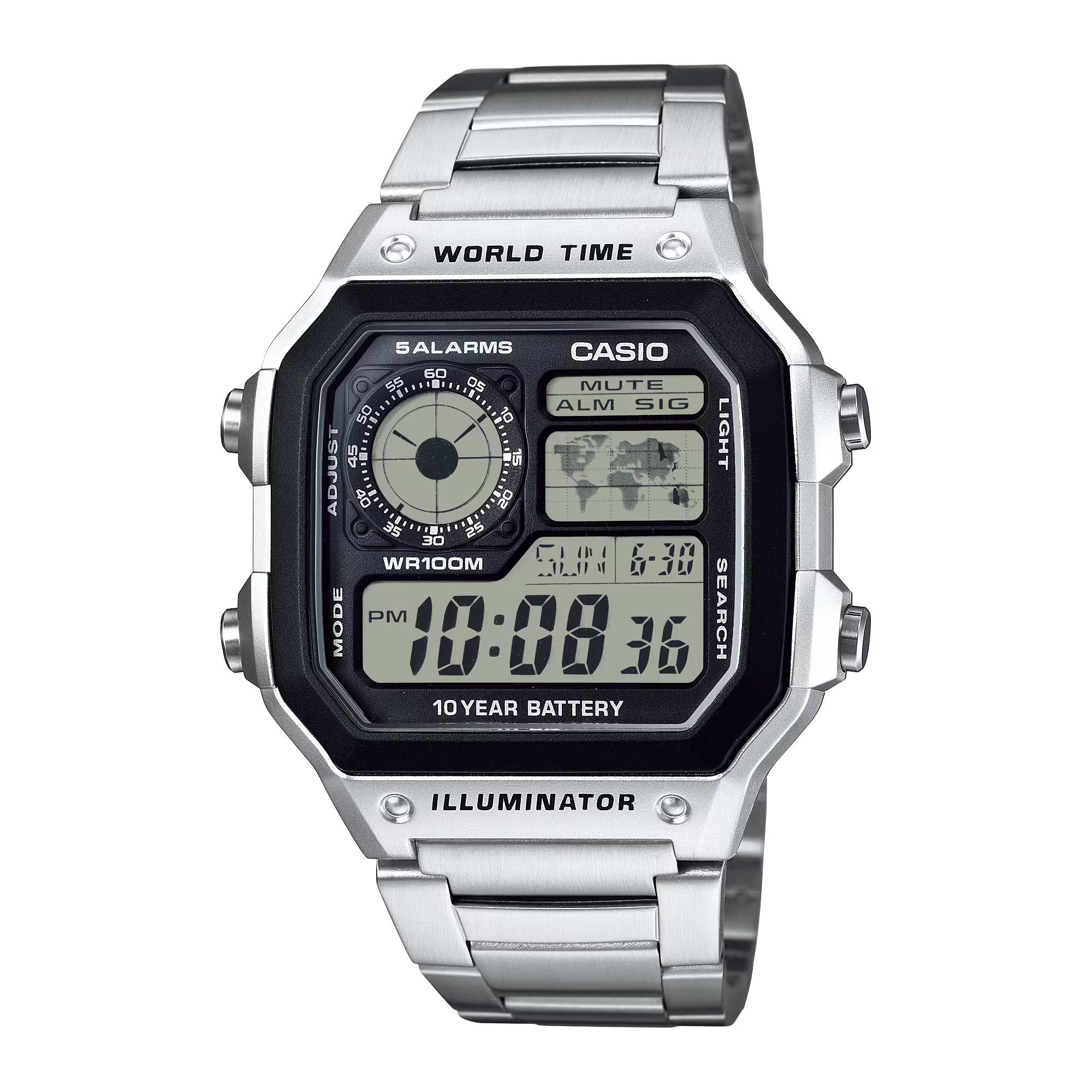 Casio Vintage Weltzeituhr Quarz Digital Stahlarmband Herren Uhr AE-1200WHD-1AVEF