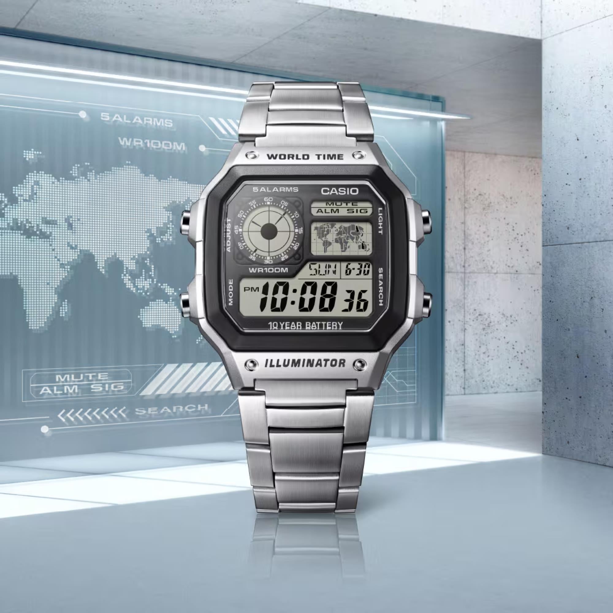 Casio Vintage Weltzeituhr Quarz Digital Stahlarmband Herren Uhr AE-1200WHD-1AVEF
