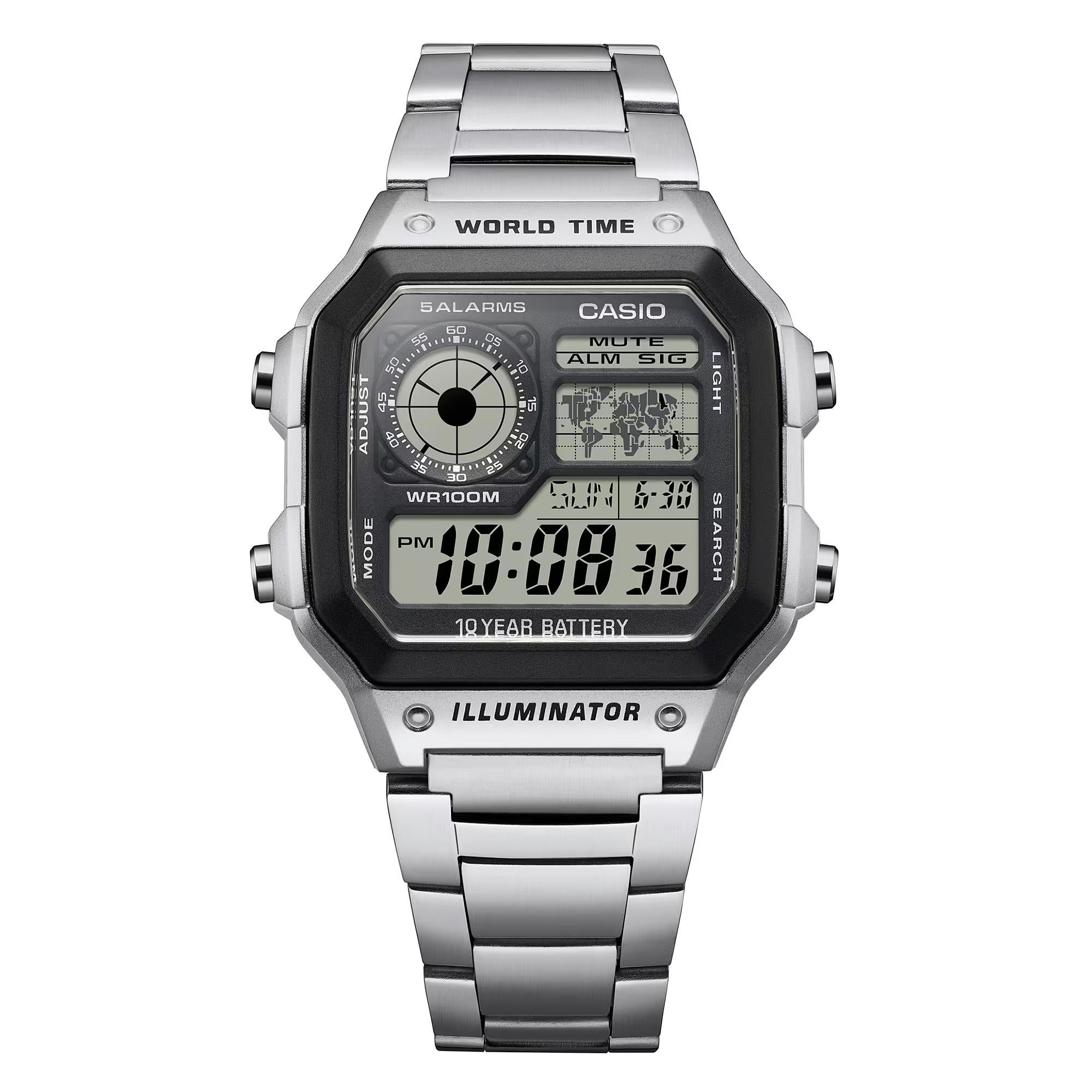 Casio Vintage Weltzeituhr Quarz Digital Stahlarmband Herren Uhr AE-1200WHD-1AVEF