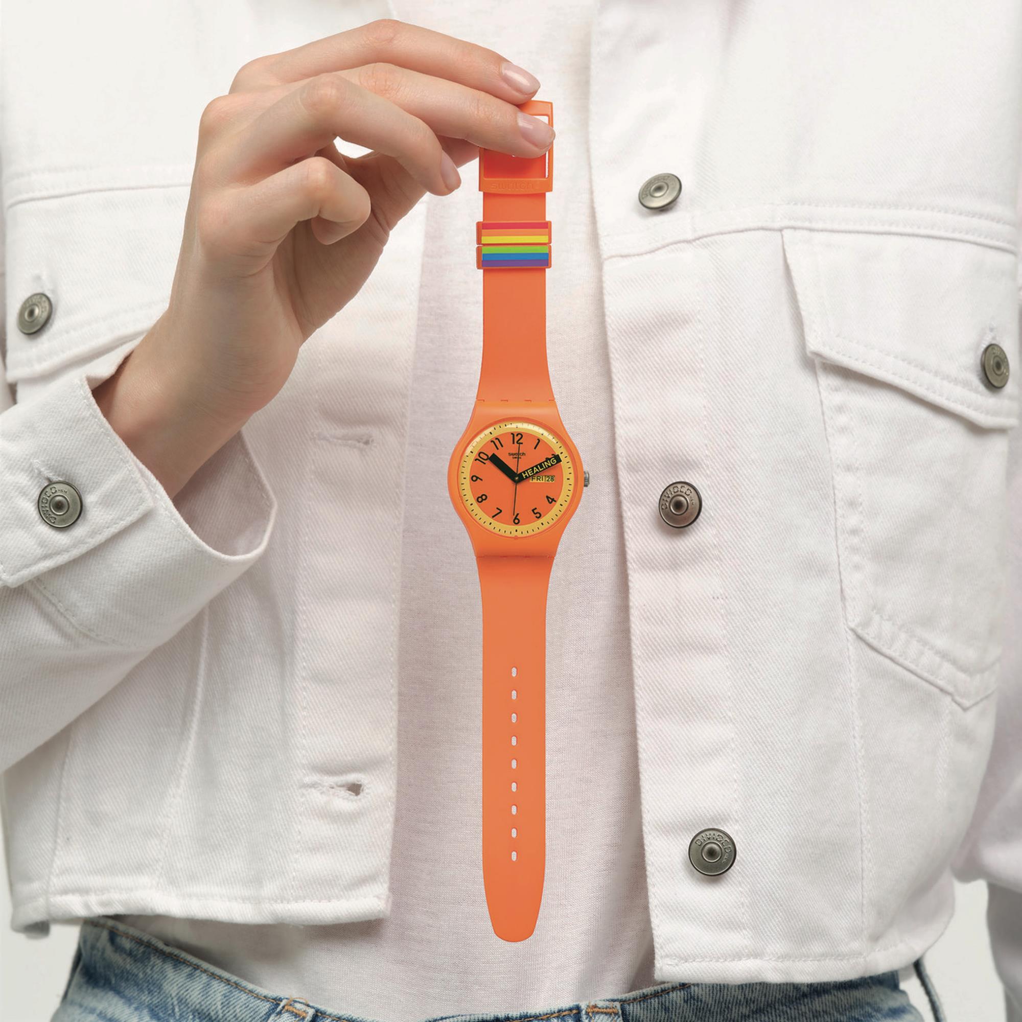 Swatch Pride 'Proudly Orange' Quarz Oranges Zifferblatt Uhr SO29O700