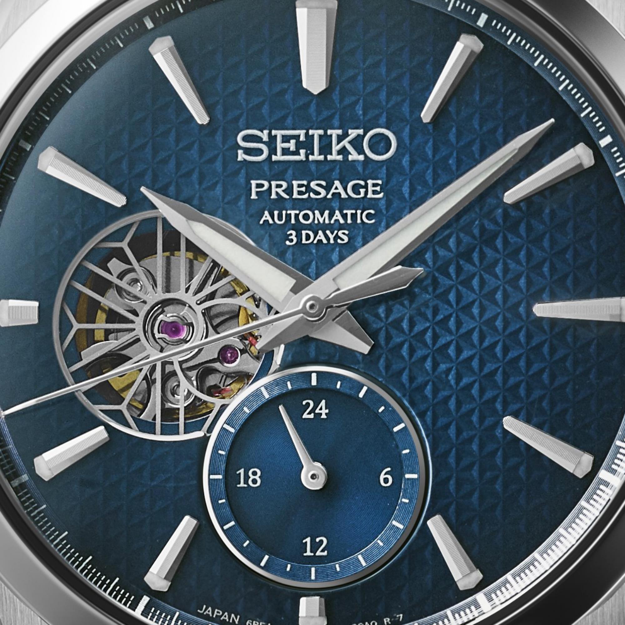 Seiko Presage ‘Ao’ Sharp-Edged Open Heart 3 Tage Automatik Blaues Zifferblatt Herren Uhr SPB417J1
