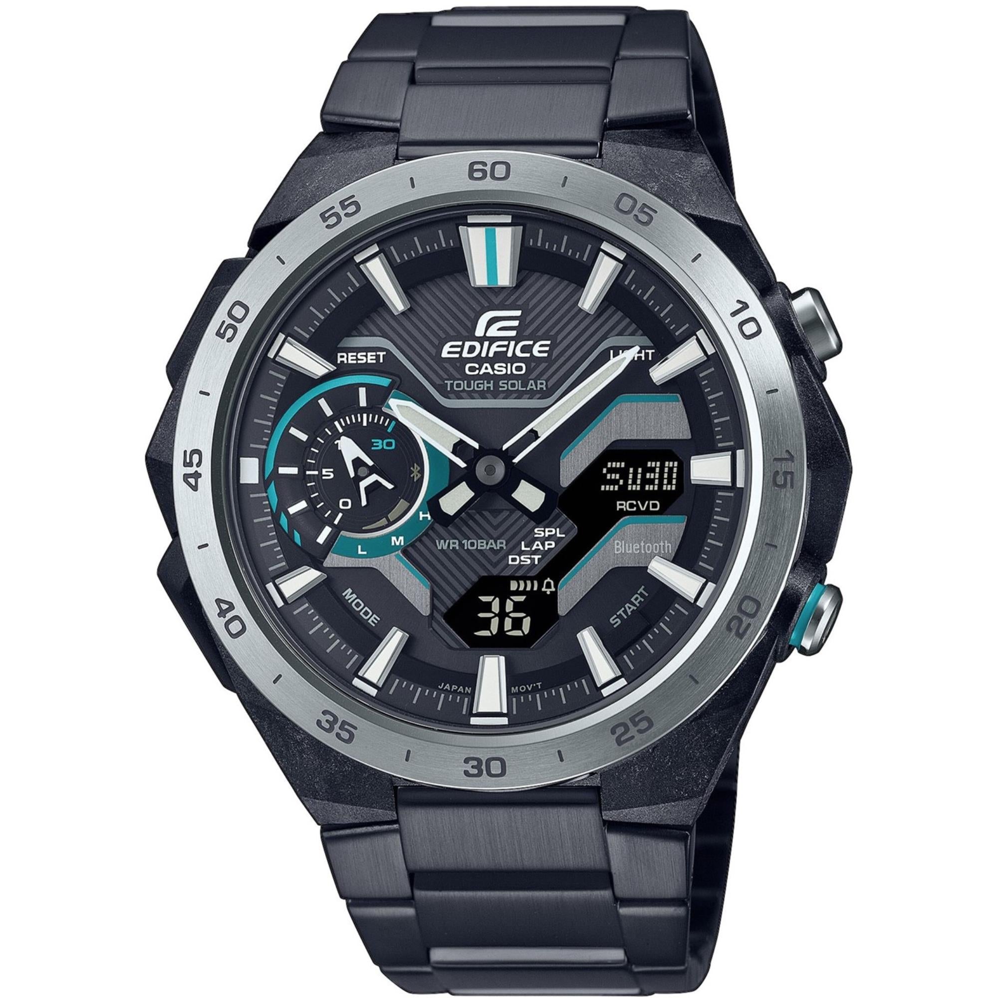 Casio Edifice Windflow Solar Quarz Schwarzes Zifferblatt Schwarzes IP Edelstahlarmband Herren Uhr ECB-2200DD-1A