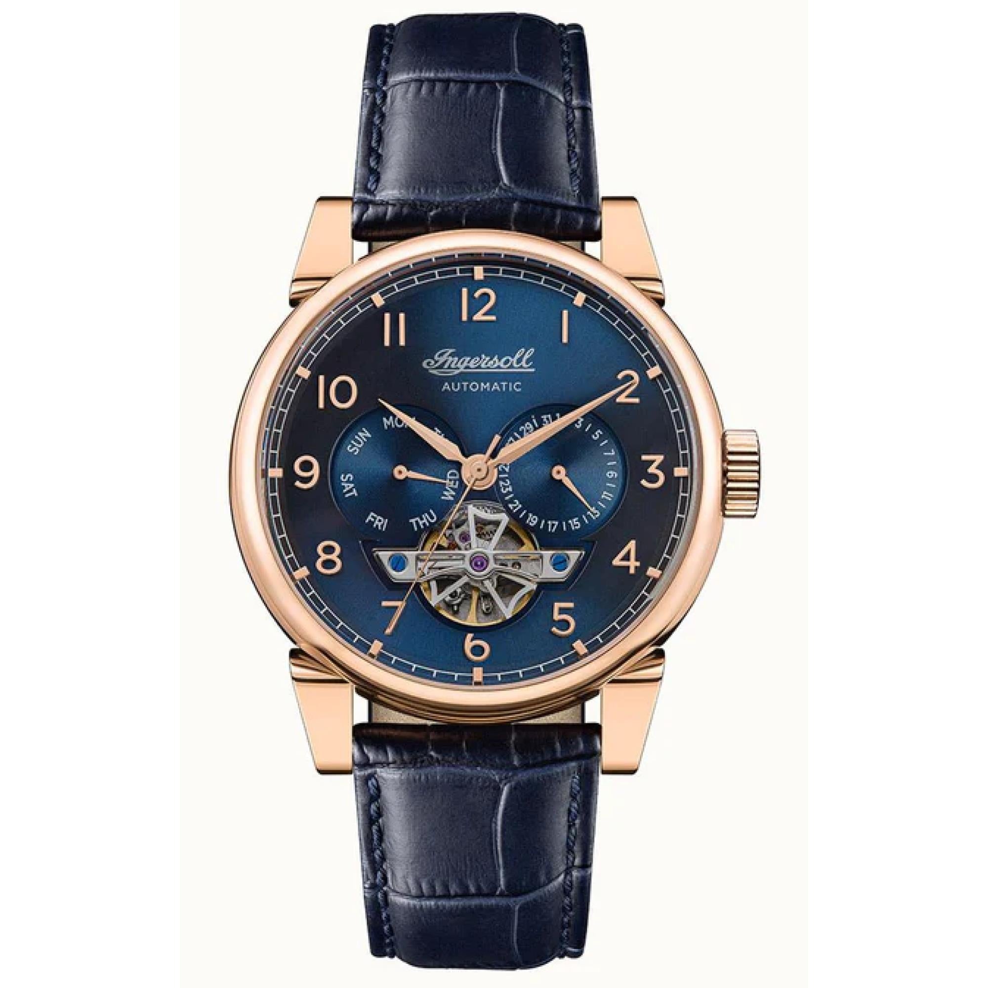 Ingersoll The Swing 1892 Herren Automatik Uhr Blaues Zifferblatt Blaues Lederarmband I12702