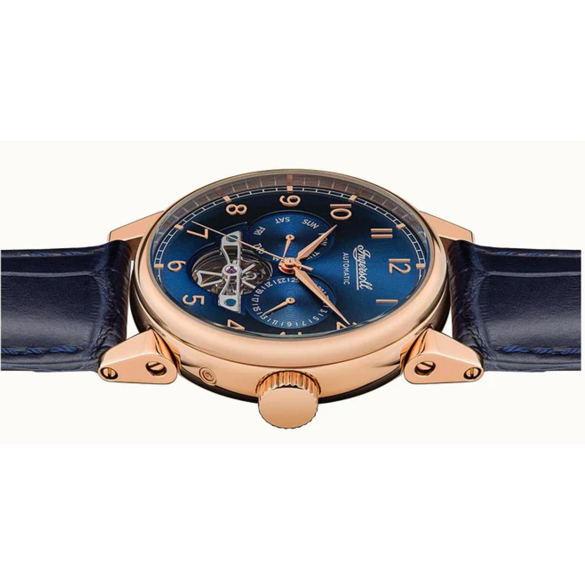 Ingersoll The Swing 1892 Herren Automatik Uhr Blaues Zifferblatt Blaues Lederarmband I12702