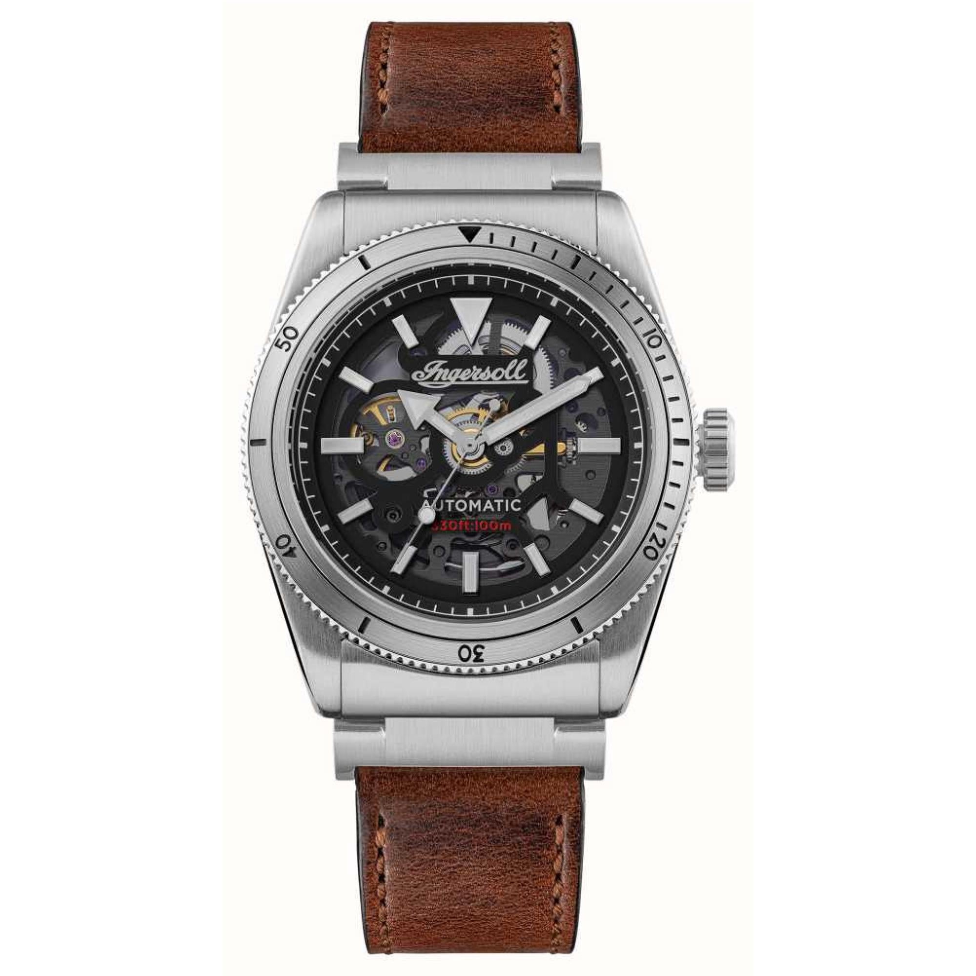 Ingersoll The Scovill 1892 Automatik Schwarzes Zifferblatt Braunes Lederarmband Herren Uhr I13901