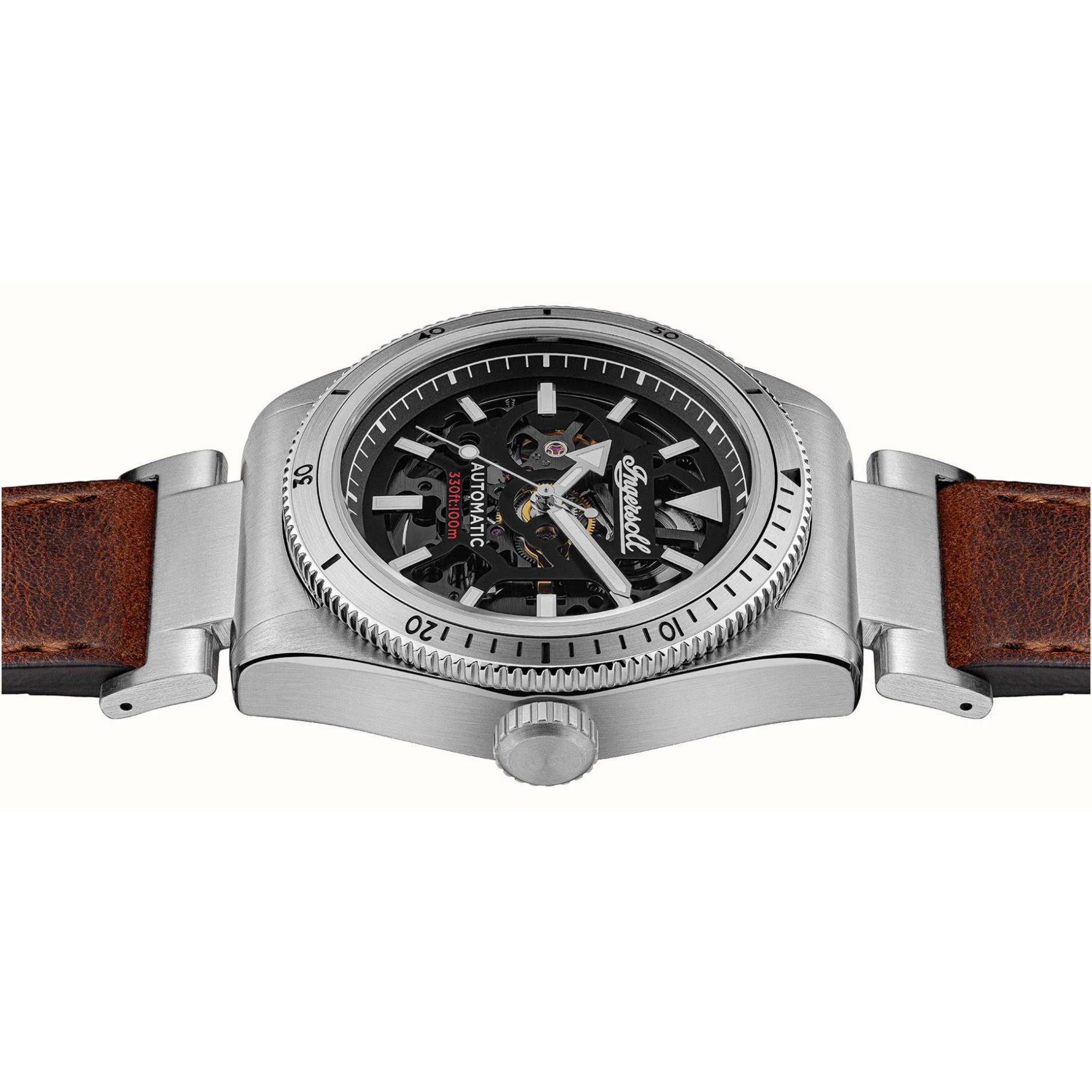 Ingersoll The Scovill 1892 Automatik Schwarzes Zifferblatt Braunes Lederarmband Herren Uhr I13901
