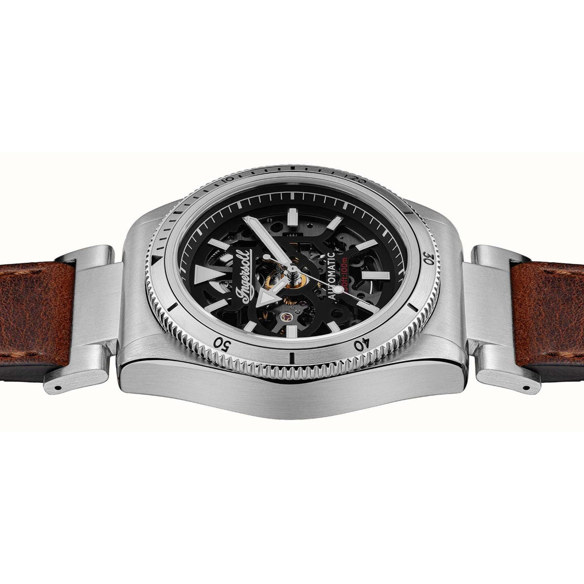 Ingersoll The Scovill 1892 Automatik Schwarzes Zifferblatt Braunes Lederarmband Herren Uhr I13901