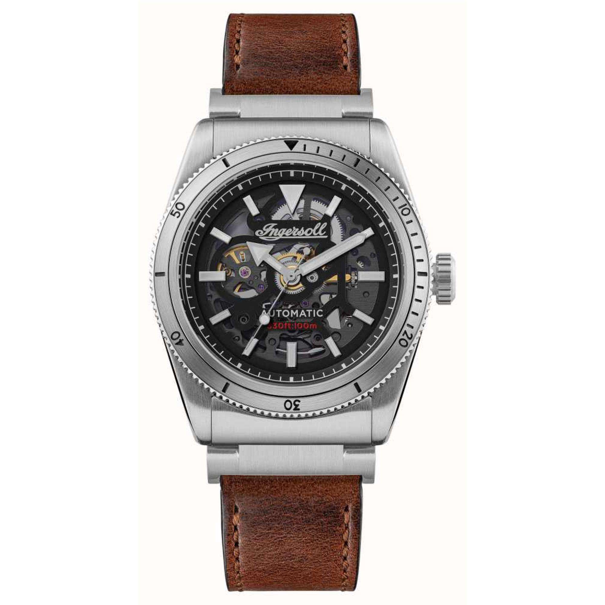 Ingersoll The Scovill 1892 Automatik Schwarzes Zifferblatt Braunes Lederarmband Herren Uhr I13901
